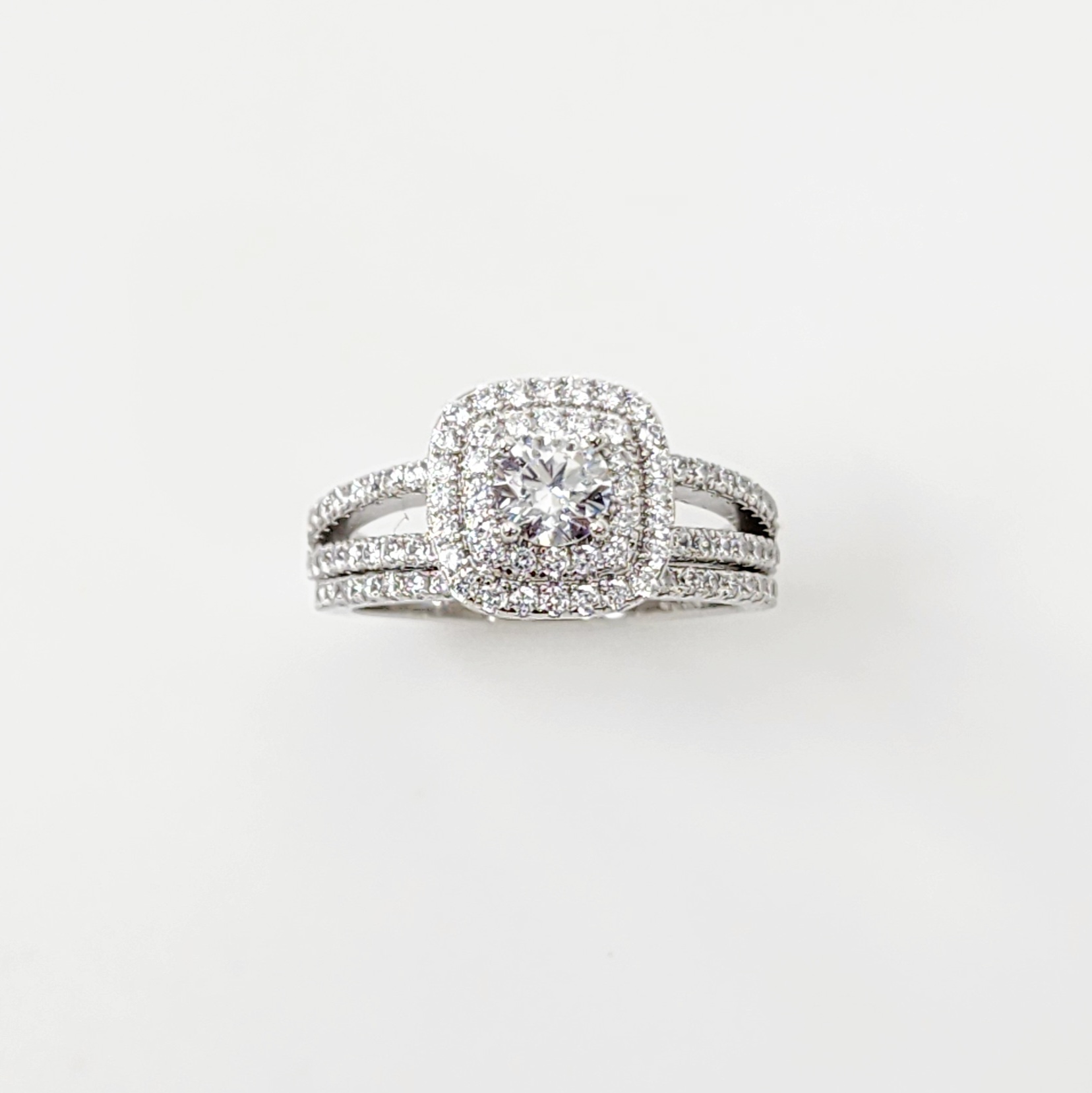 Sterling Silver Round Cut Double-Halo Engagement Ring & Matching Wedding Band with CZ Setting Sterling Silver Rings Sterling Silver Round Cut Double-Halo Engagement Ring & Matching Wedding Band with CZ Setting Sterling Silver Rings