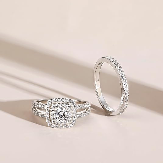 Sterling Silver Round Cut Double-Halo Engagement Ring & Matching Wedding Band with CZ Setting Sterling Silver Rings Sterling Silver Round Cut Double-Halo Engagement Ring & Matching Wedding Band with CZ Setting Sterling Silver Rings