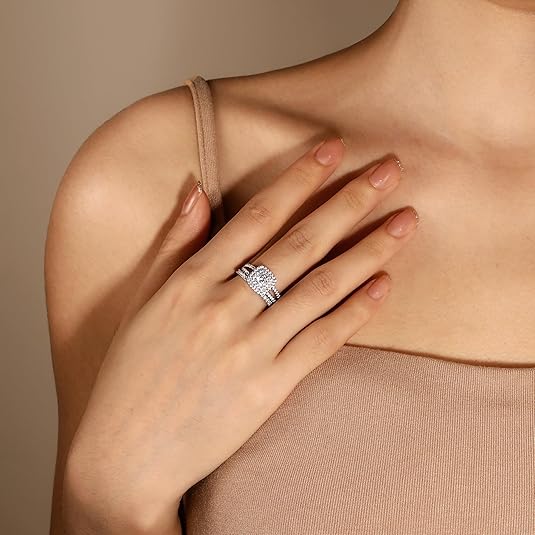 Sterling Silver Round Cut Double-Halo Engagement Ring & Matching Wedding Band with CZ Setting Sterling Silver Rings Sterling Silver Round Cut Double-Halo Engagement Ring & Matching Wedding Band with CZ Setting Sterling Silver Rings