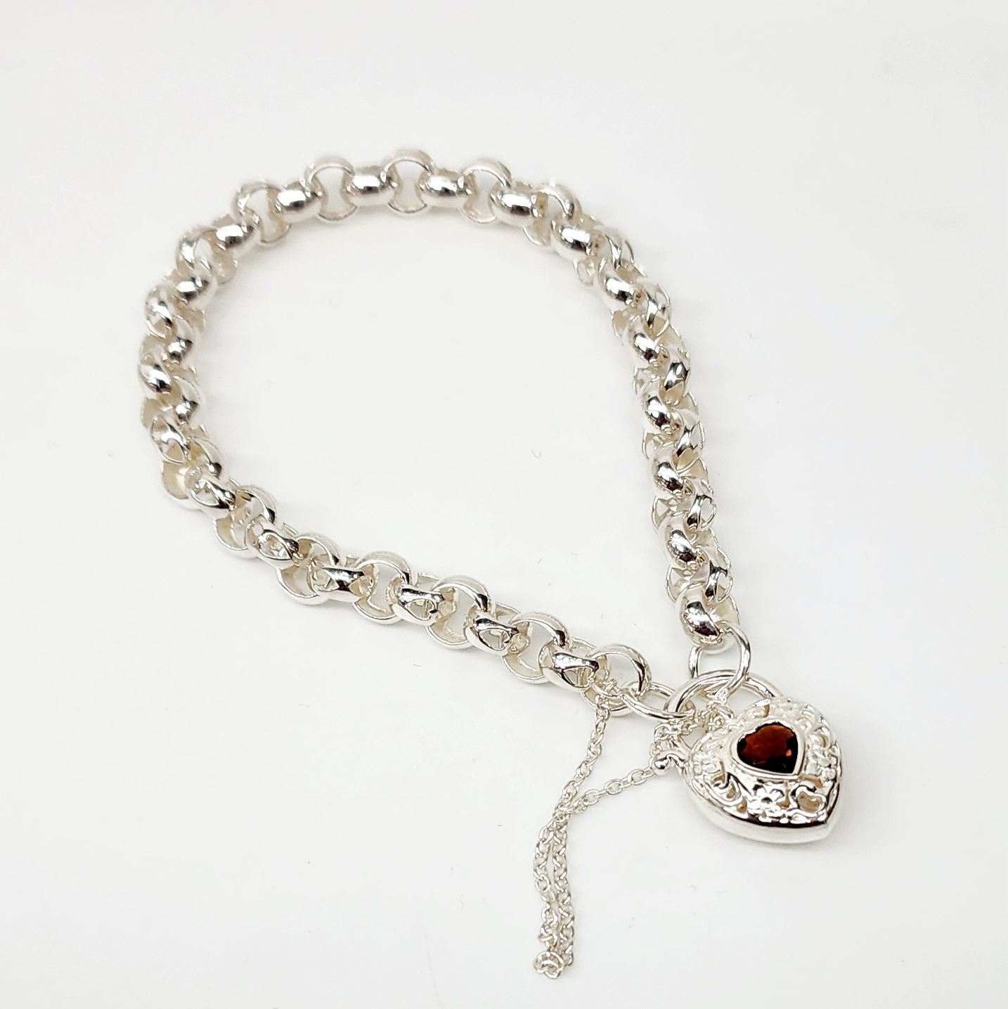 Sterling Silver Round Belcher with Heart Shape Garnet Filigree Padlock Bracelet Gold Chain 