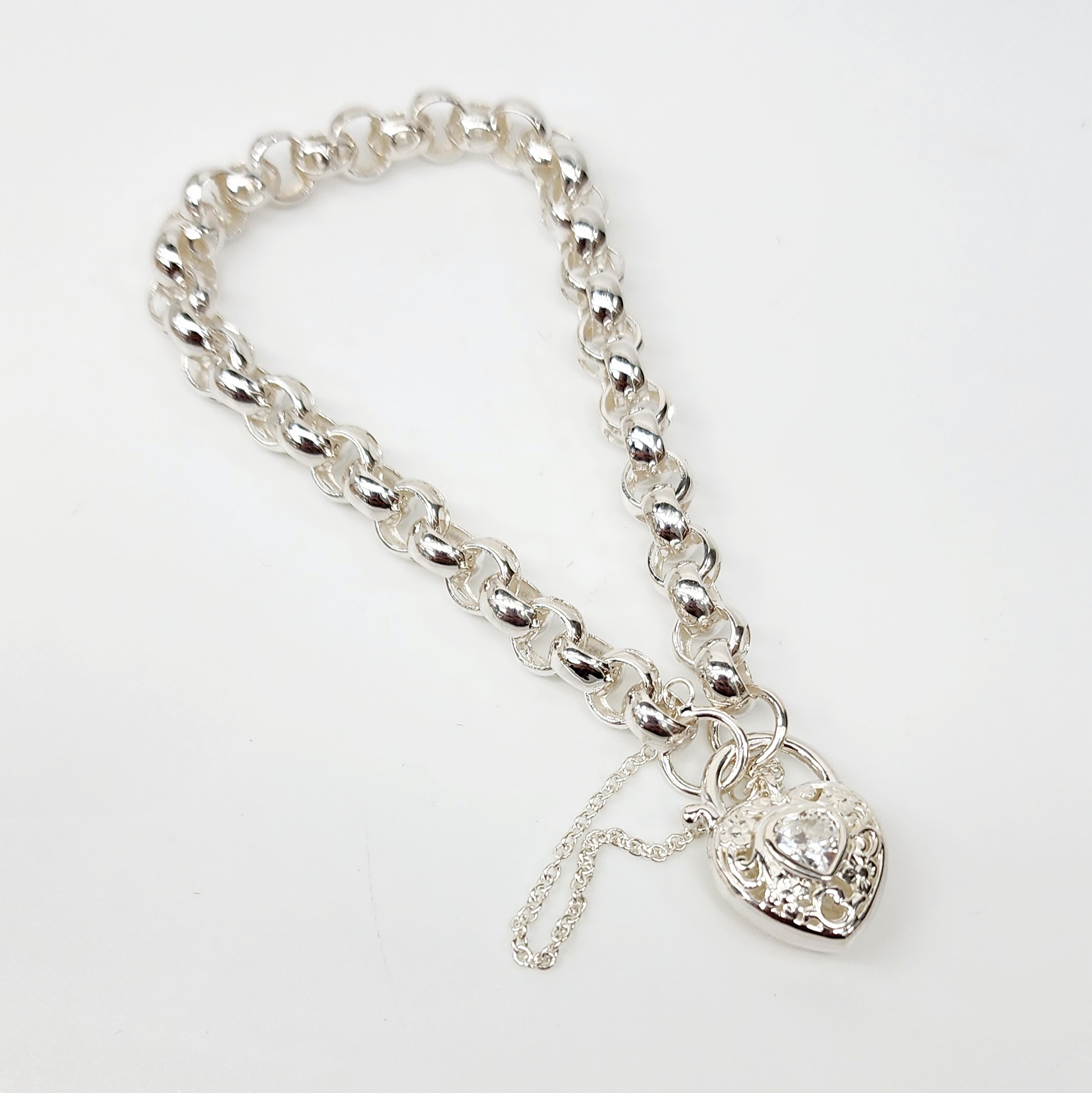 Sterling Silver Round Belcher with Heart Shape Clear CZ Filigree Padlock Bracelet Gold Chain 