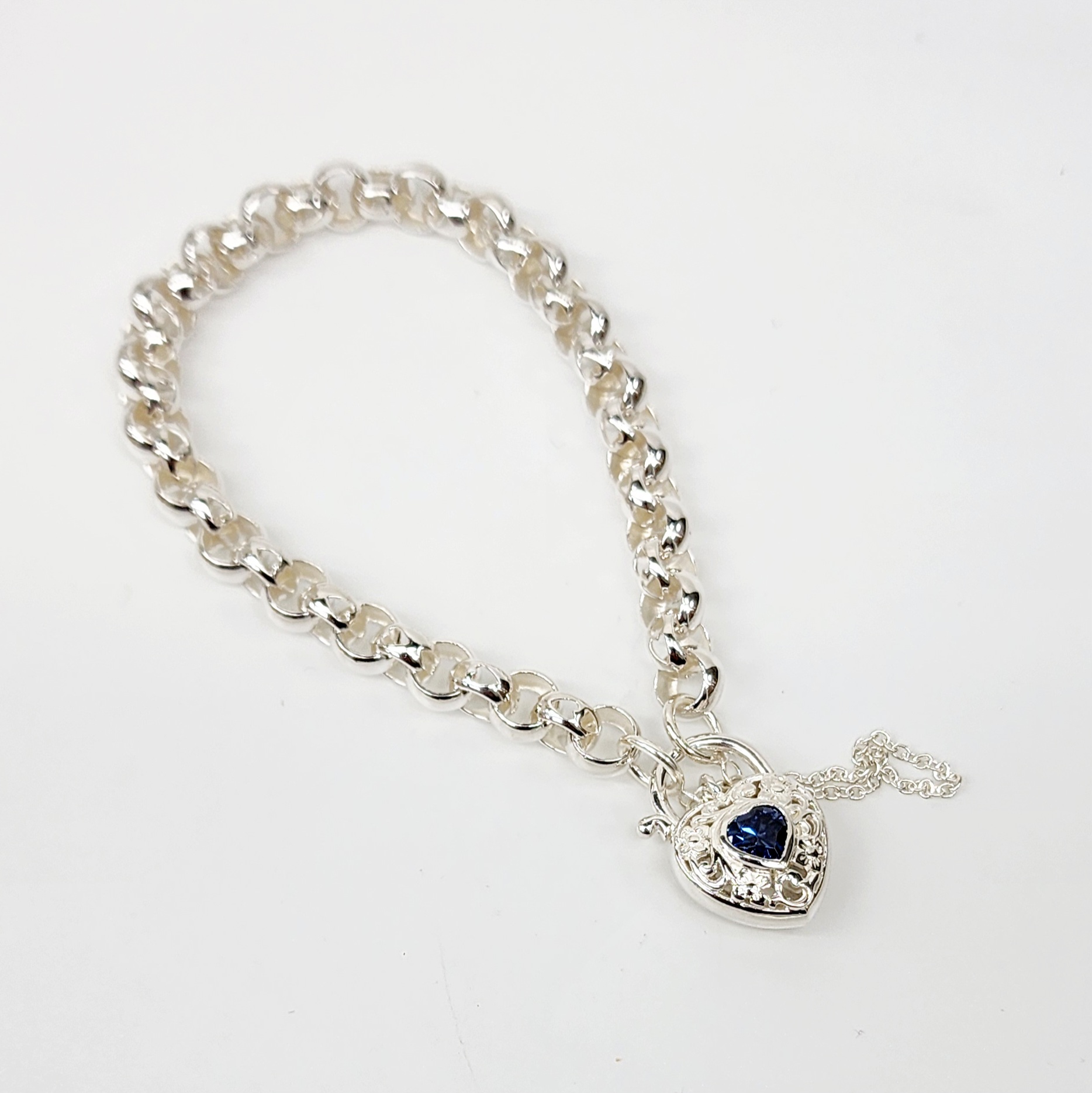 Sterling Silver Round Belcher with Heart Shape Blue CZ Filigree Padlock Bracelet Gold Chain 