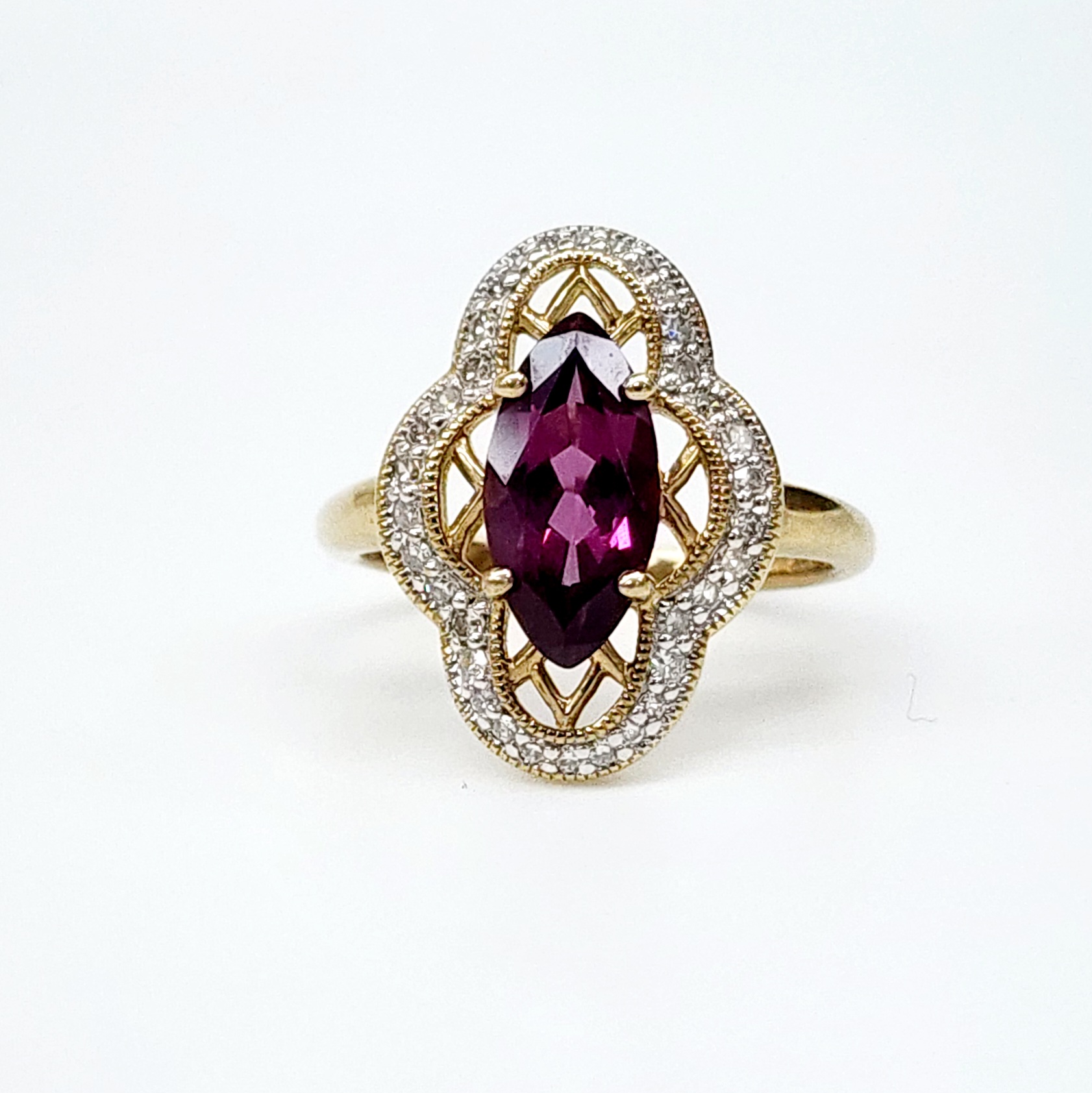 9ct Yellow Gold Dress Ring with 2.0ct Marquise Cut Purple Garnet & 0.21ct Diamonds Gold Rings 