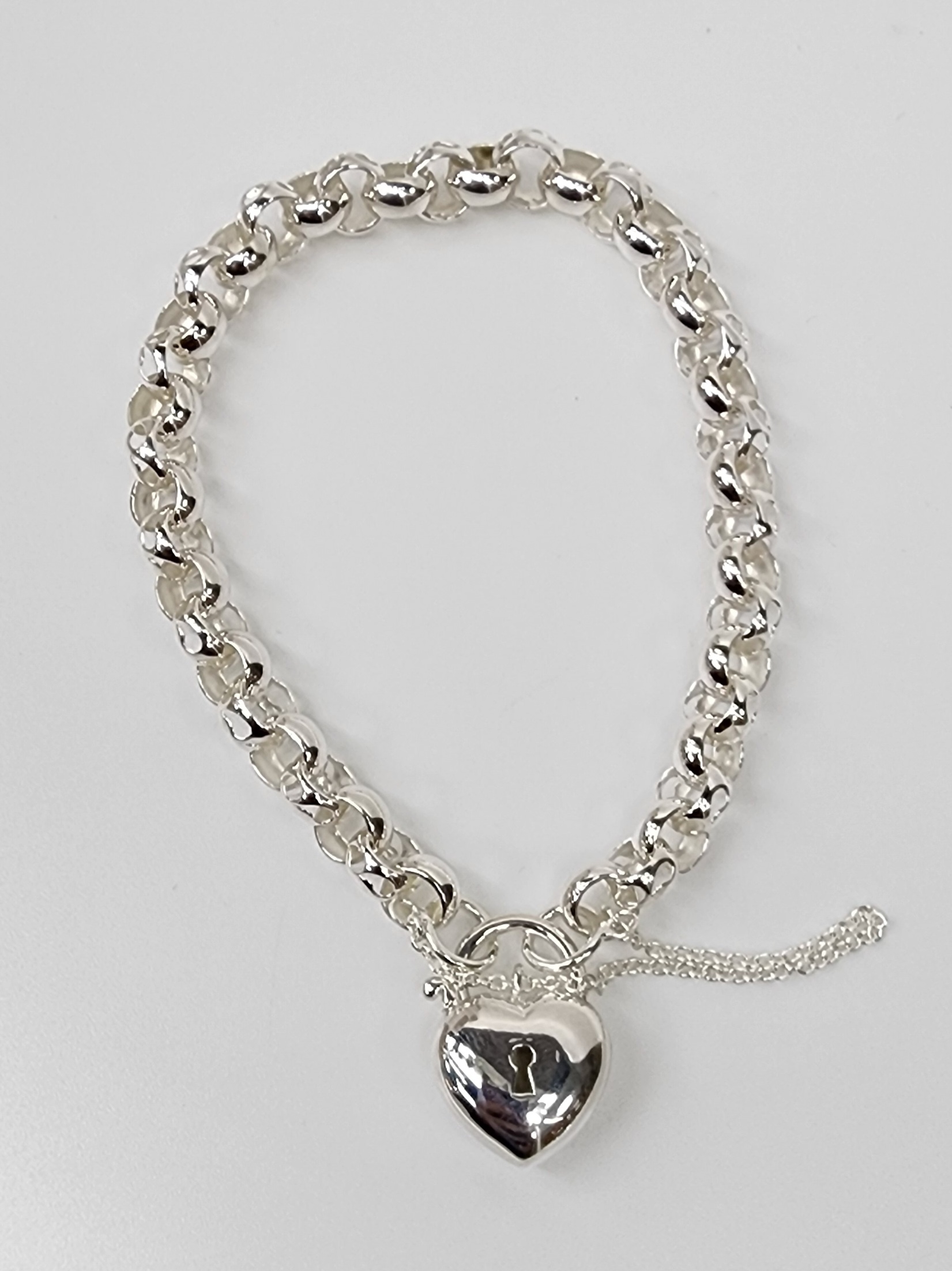 Sterling Silver 21cm Filigree Belcher Bracelet With Puff Heart Padlock - S/S-CYBA56-21CM Sterling Silver Bracelets 