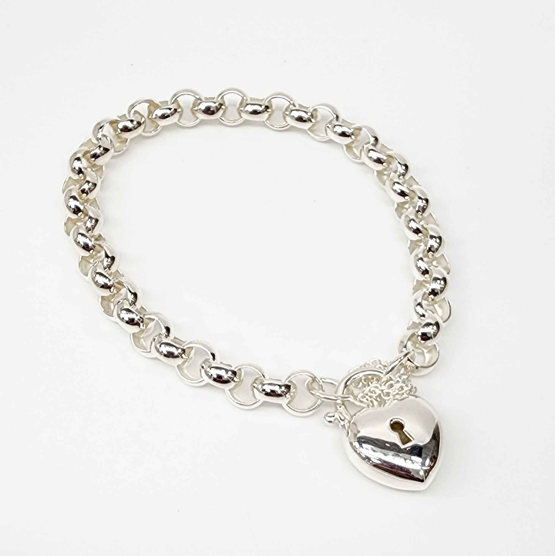 Sterling Silver 21cm Belcher Bracelet With Puff Heart Padlock Sterling Silver Bracelets 
