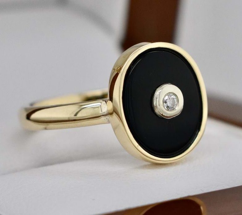 9ct Yellow Gold Oval Black Onyx & Diamond Ring Gold Rings 