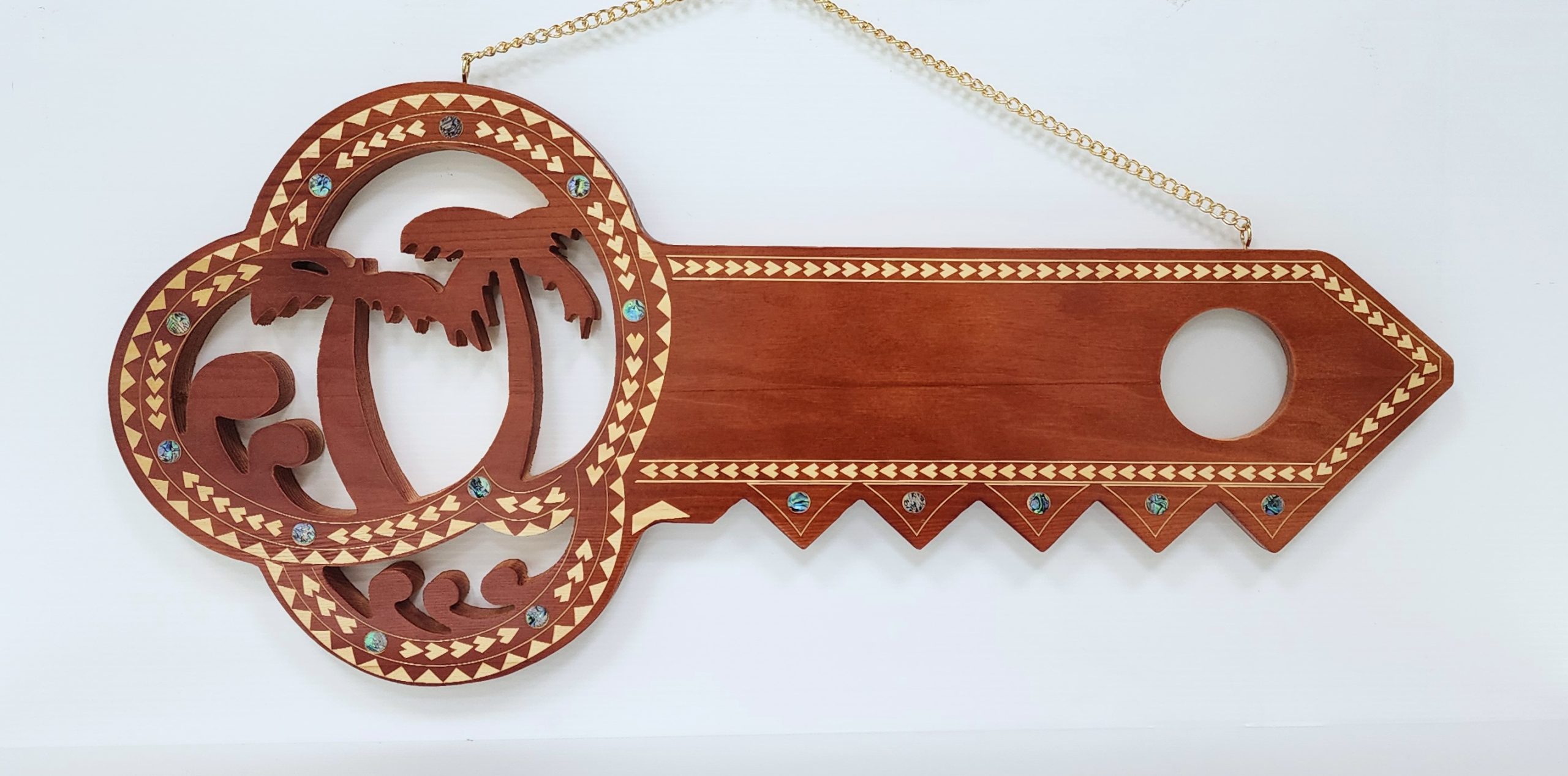 Wooden Key Birthday Key Brown Shade Island Design With Paua Shell Round Inlays and Cutout Palm Trees - Design SJ2446 21st Keys 