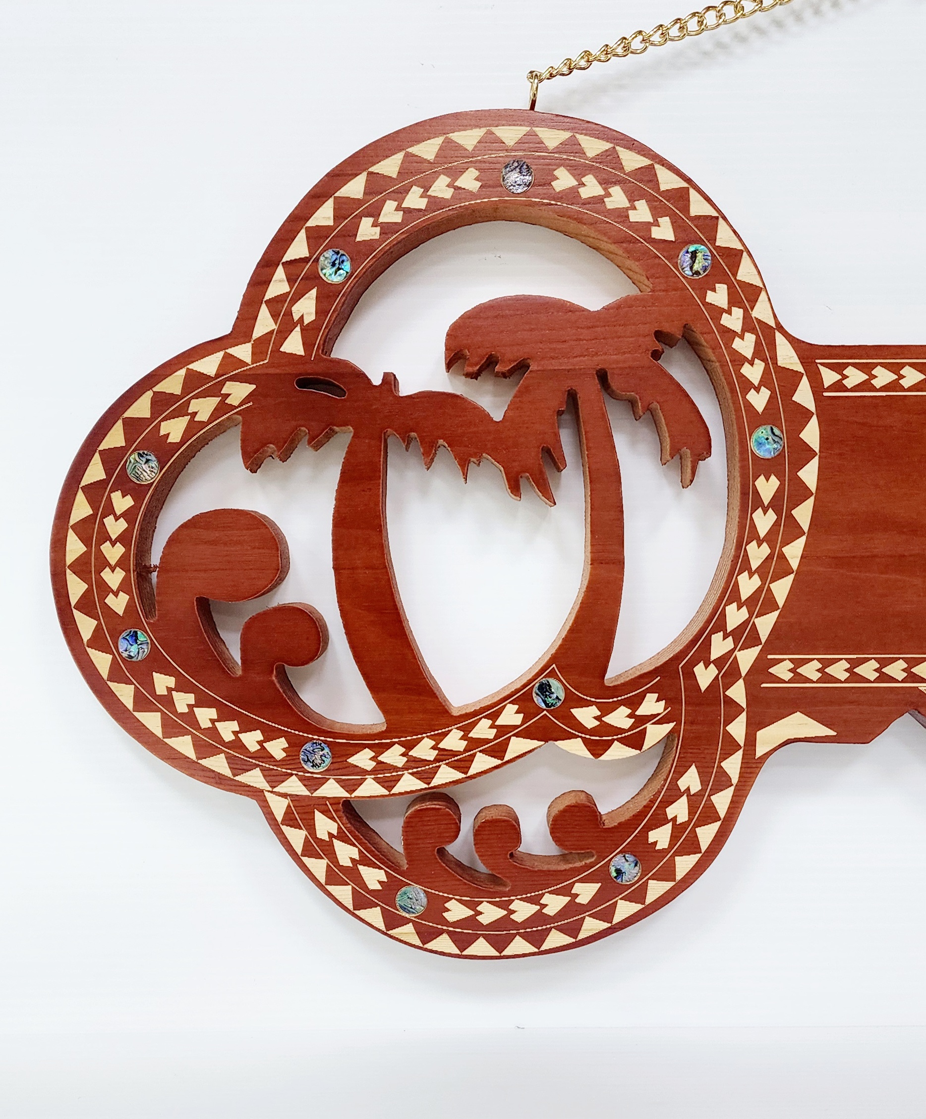 Wooden Key Birthday Key Brown Shade Island Design With Paua Shell Round Inlays and Cutout Palm Trees - Design SJ2446 21st Keys Wooden Key Birthday Key Brown Shade Island Design With Paua Shell Round Inlays and Cutout Palm Trees - Design SJ2446 21st Keys