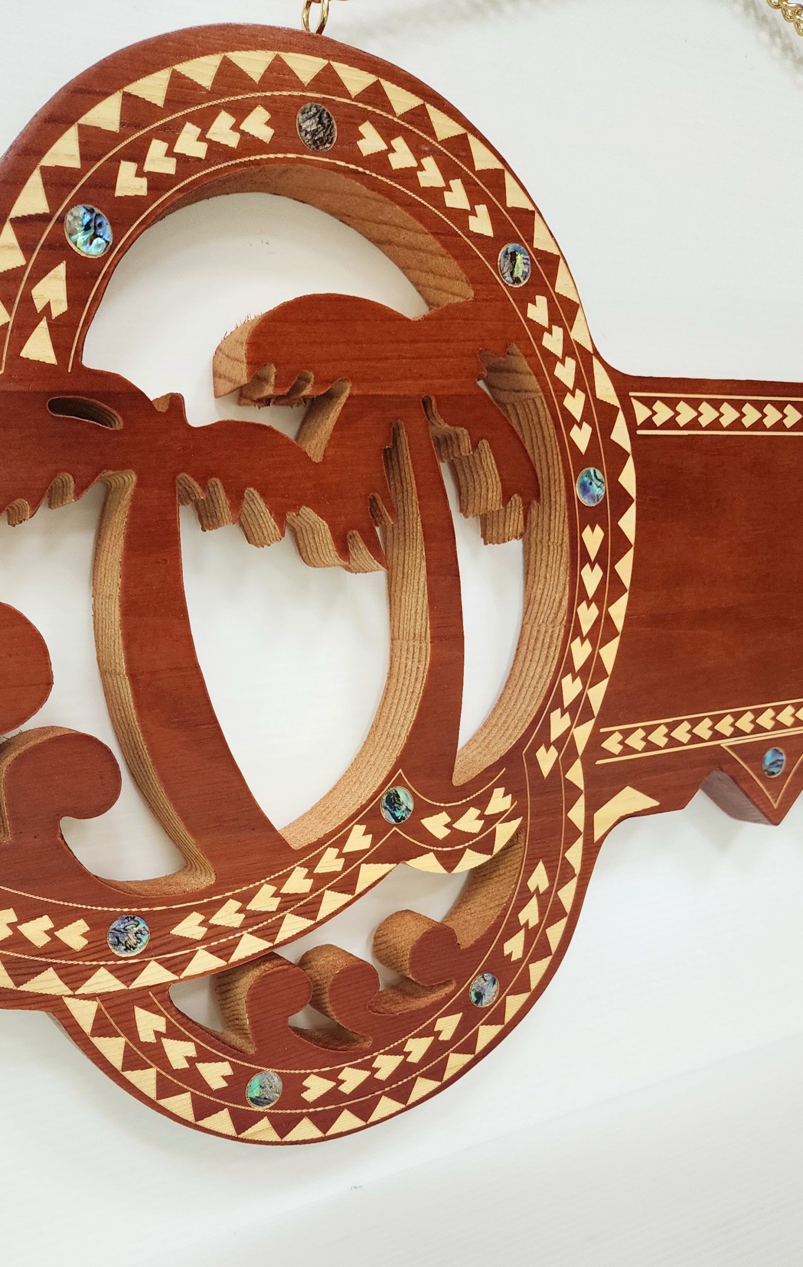 Wooden Key Birthday Key Brown Shade Island Design With Paua Shell Round Inlays and Cutout Palm Trees - Design SJ2446 21st Keys Wooden Key Birthday Key Brown Shade Island Design With Paua Shell Round Inlays and Cutout Palm Trees - Design SJ2446 21st Keys