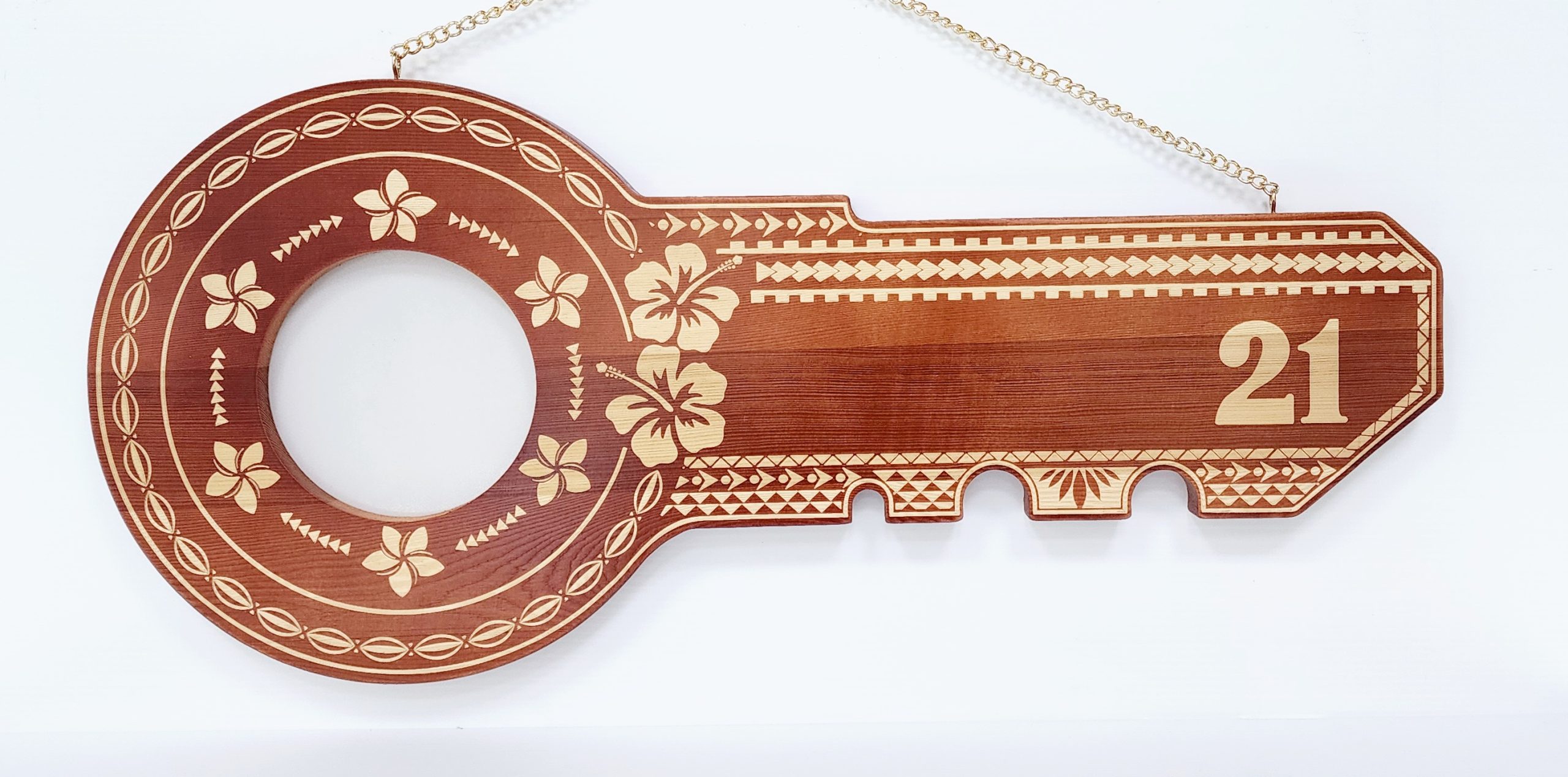 21st Wooden Key Brown Shade Island Design With Polynesian Design and Hibiscus Flower - Design SJ2485 21st Keys 