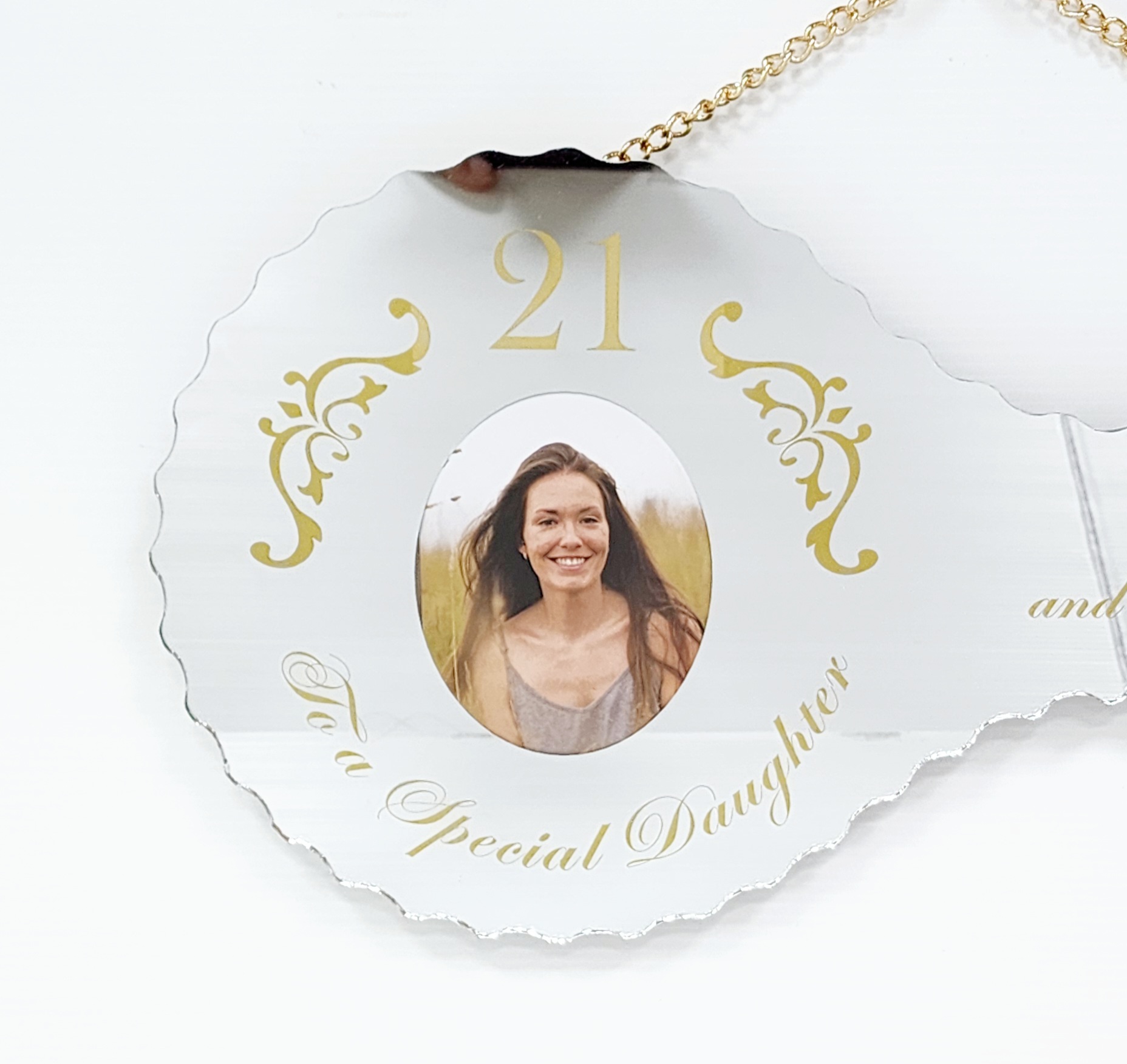 Golden Print Design Mirrored/Glass Photo 21st Birthday Key with "To a Special Daughter" - SJ2402 21ST MIRROR KEYS Golden Print Design Mirrored/Glass Photo 21st Birthday Key with "To a Special Daughter" - SJ2402 21ST MIRROR KEYS