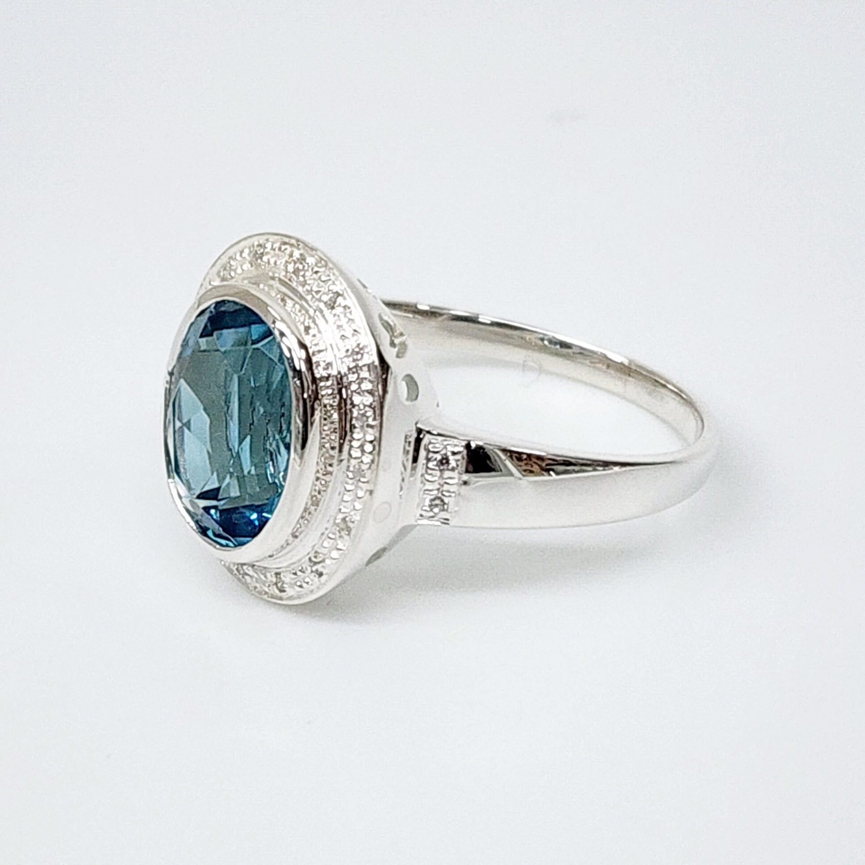 Sterling Silver 10mm x 13mm Ocal Cut Bezel Set Topaz CZ and Halo CZ Setting Ladies Dress Ring Sterling Silver Rings 