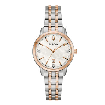 Bulova Classic Ladies Quartz Two-Tone Rose Gold & Silver, Mother of Pearl Dial Watch - 98P213 bulova 