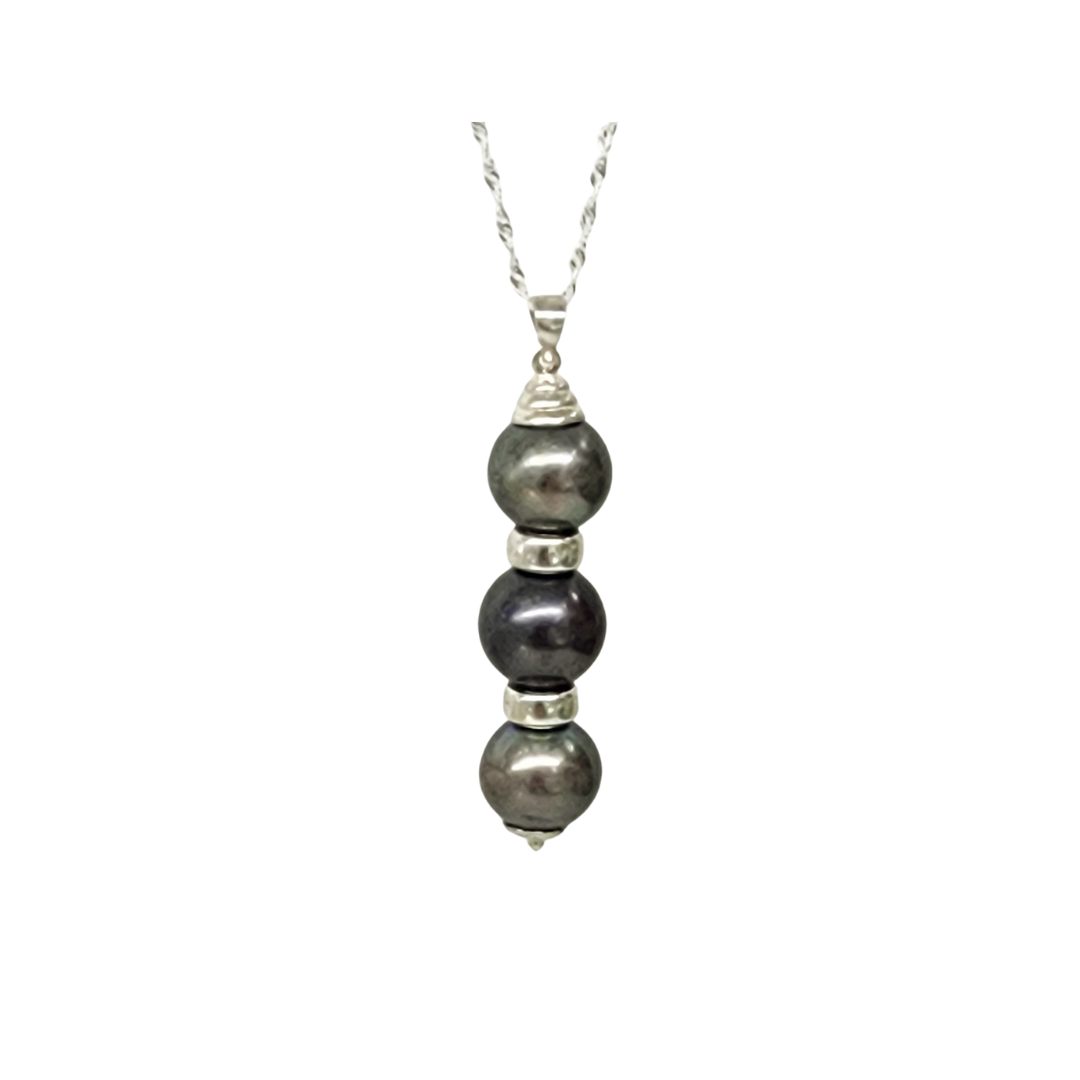 Sterling Silver Triple 11.5-12.50mm Round Cook Island Black Pearl Pendant with Silver Spacers Gold Pearl Jewellery, Pearl Jewellery 