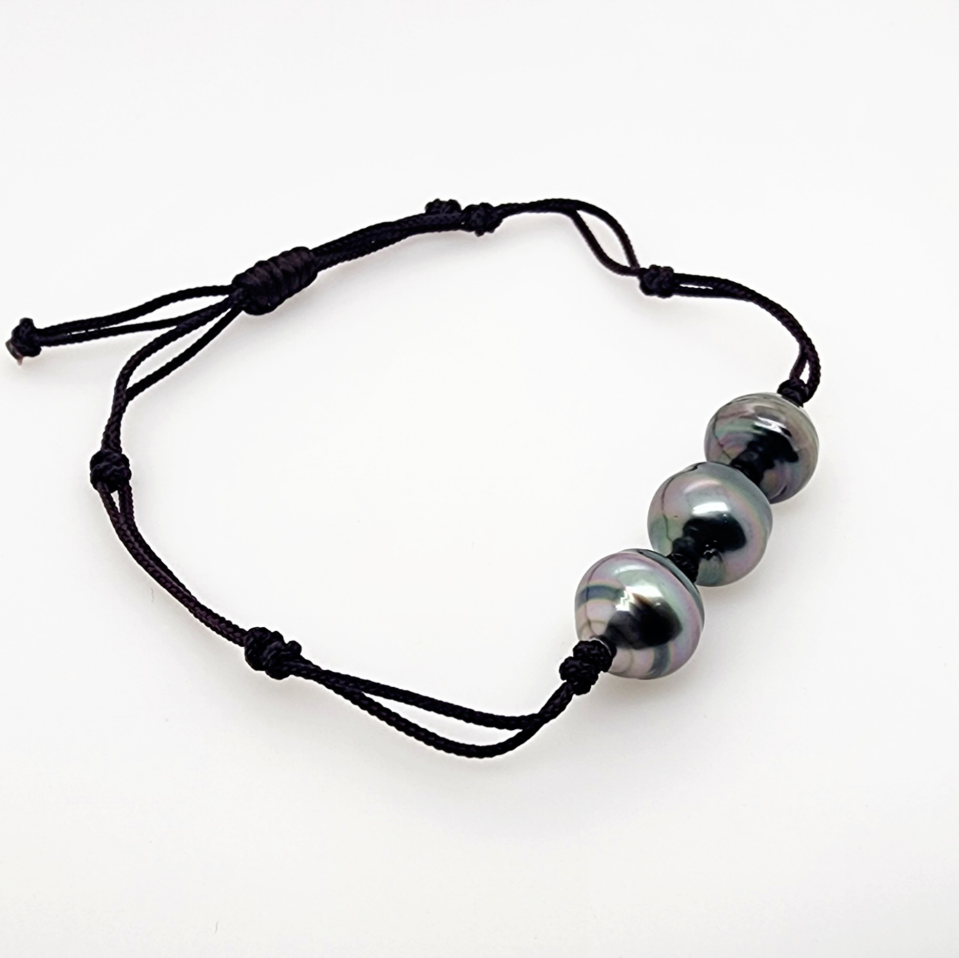 10.5mm Semi Baroque Triple Tahitian Black Pearl, Unisex Brown Cord Adjustable Size Bracelet - 22072806BRN Pearl Jewellery, Sterling Silver Pearl Jewellery 