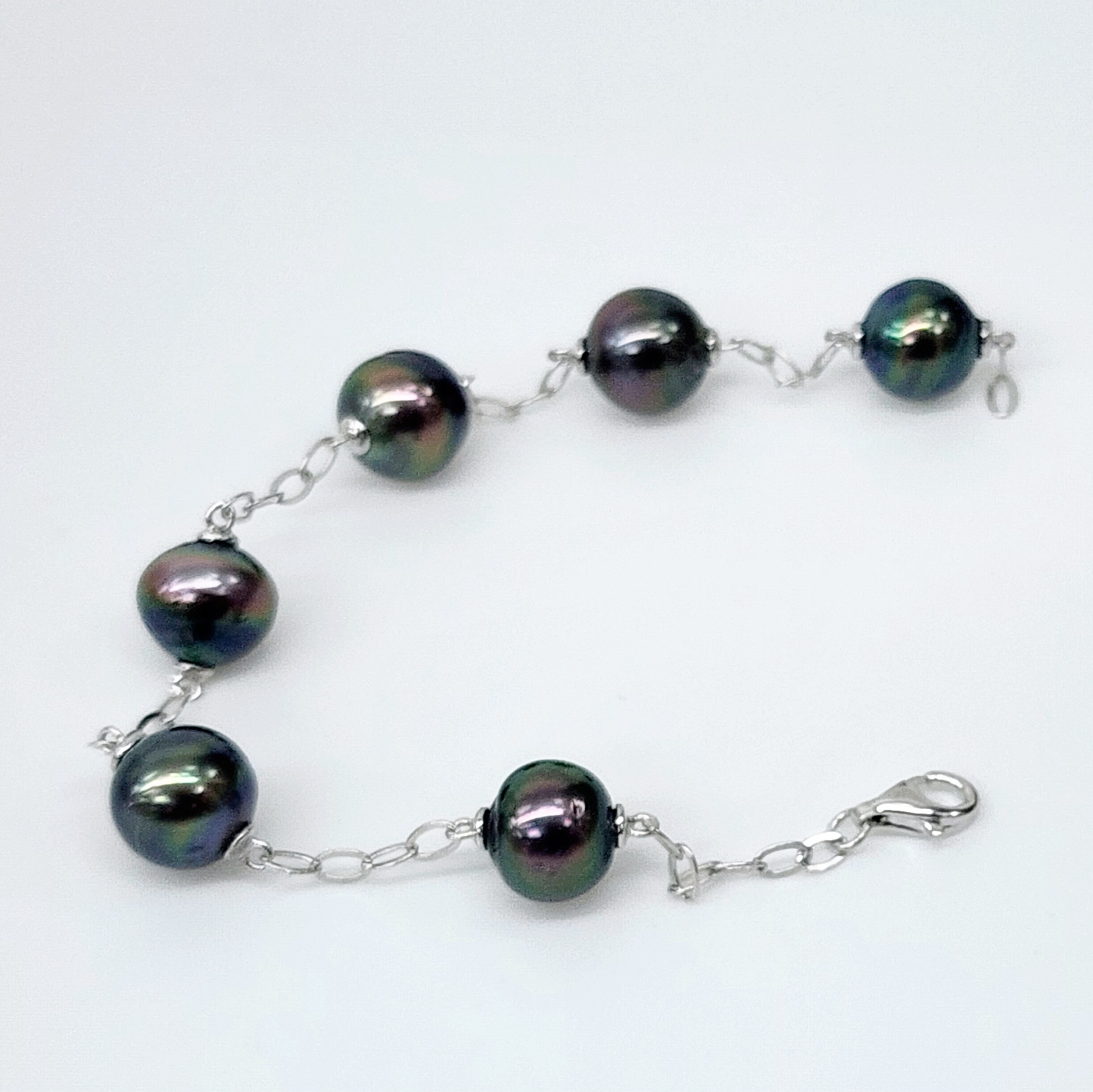 Sterling Silver 9.5mm Round Tahitian Black Pearl Bracelet 18cm Long - GB0005-6P-18cm Greenstone?Jewellery 