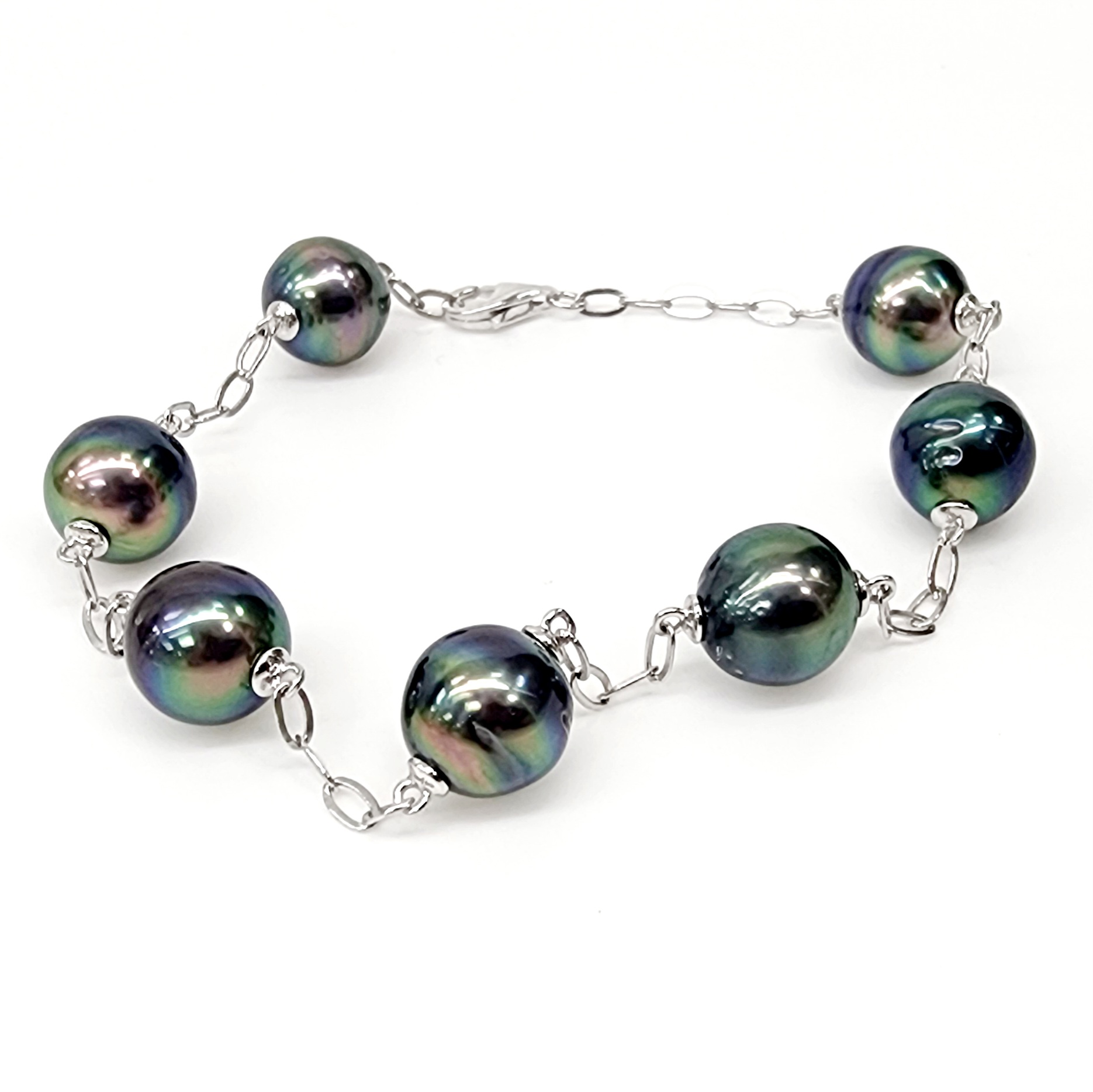 Sterling Silver 9.5mm Round Tahitian Black Pearl Bracelet 18cm Long - GB0005-6P-21cm Greenstone?Jewellery 