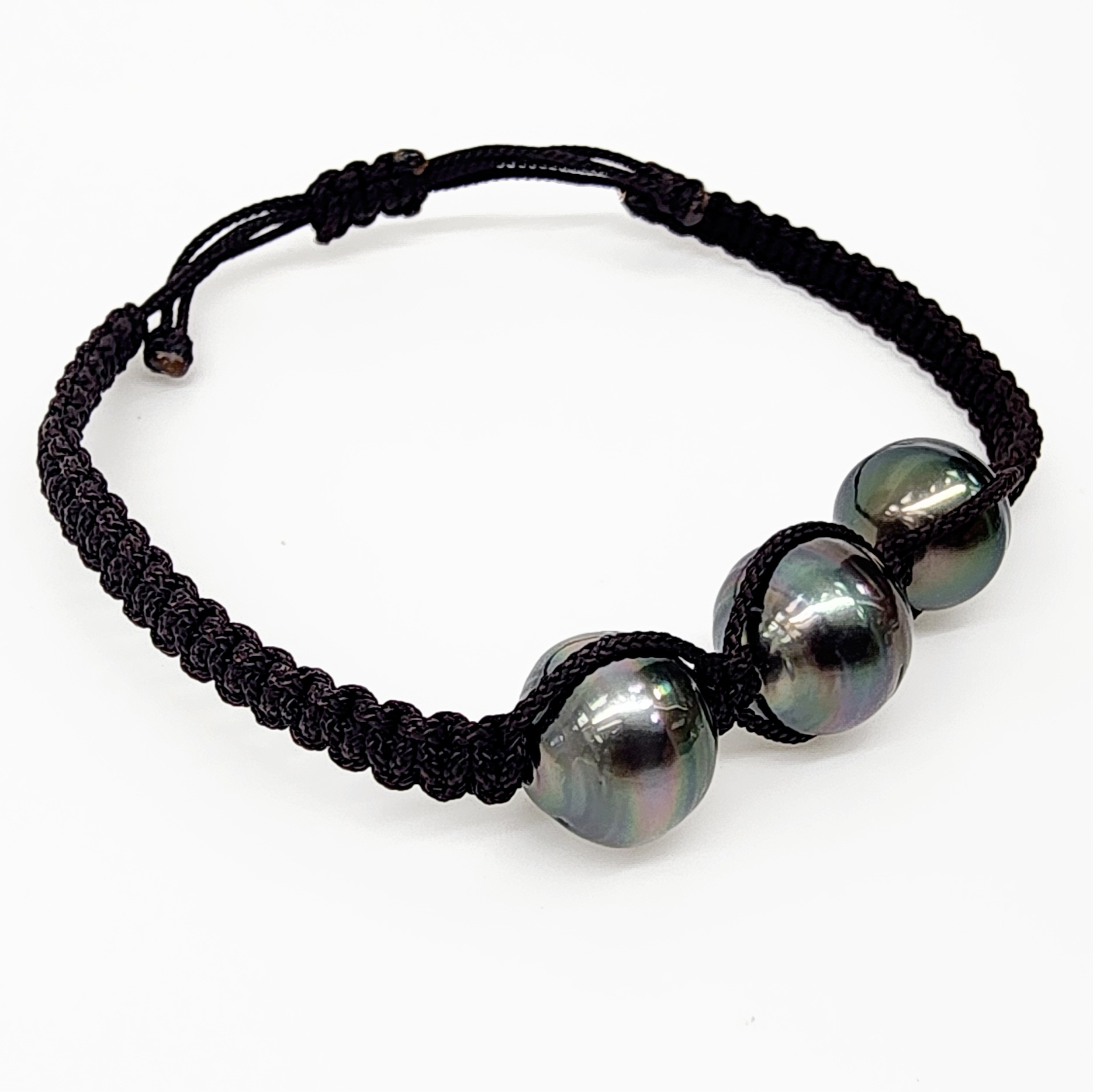 11mm Round Triple Tahitian Black Pearl, Unisex Brown Cord Adjustable Size Bracelet - 22072812BRN-3P Pearl Jewellery, Sterling Silver Pearl Jewellery 