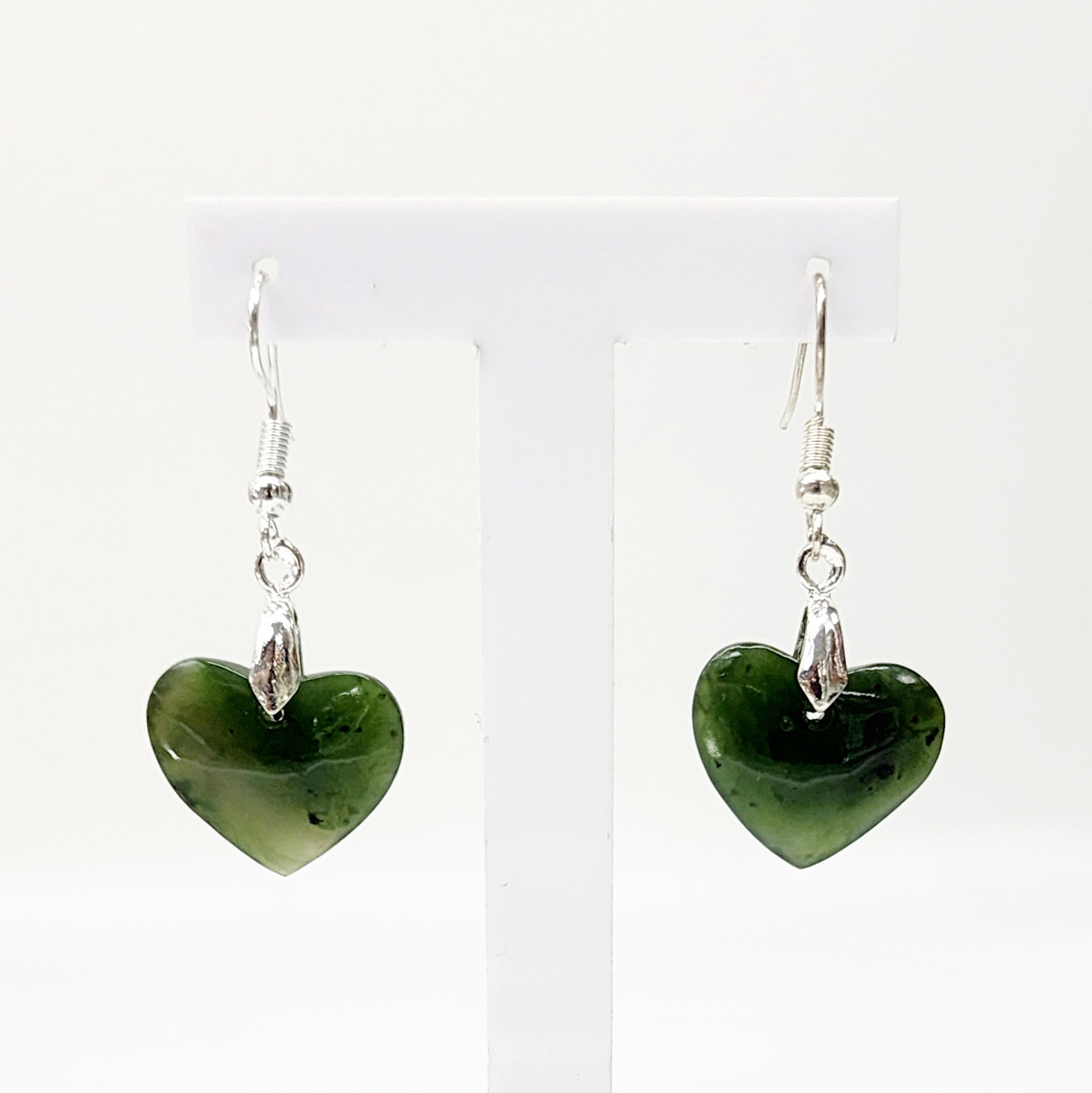 Pounamu Heart Shape Earrings with Sterling Silver Setting and Hooks - EH2.28 Greenstone?Jewellery 