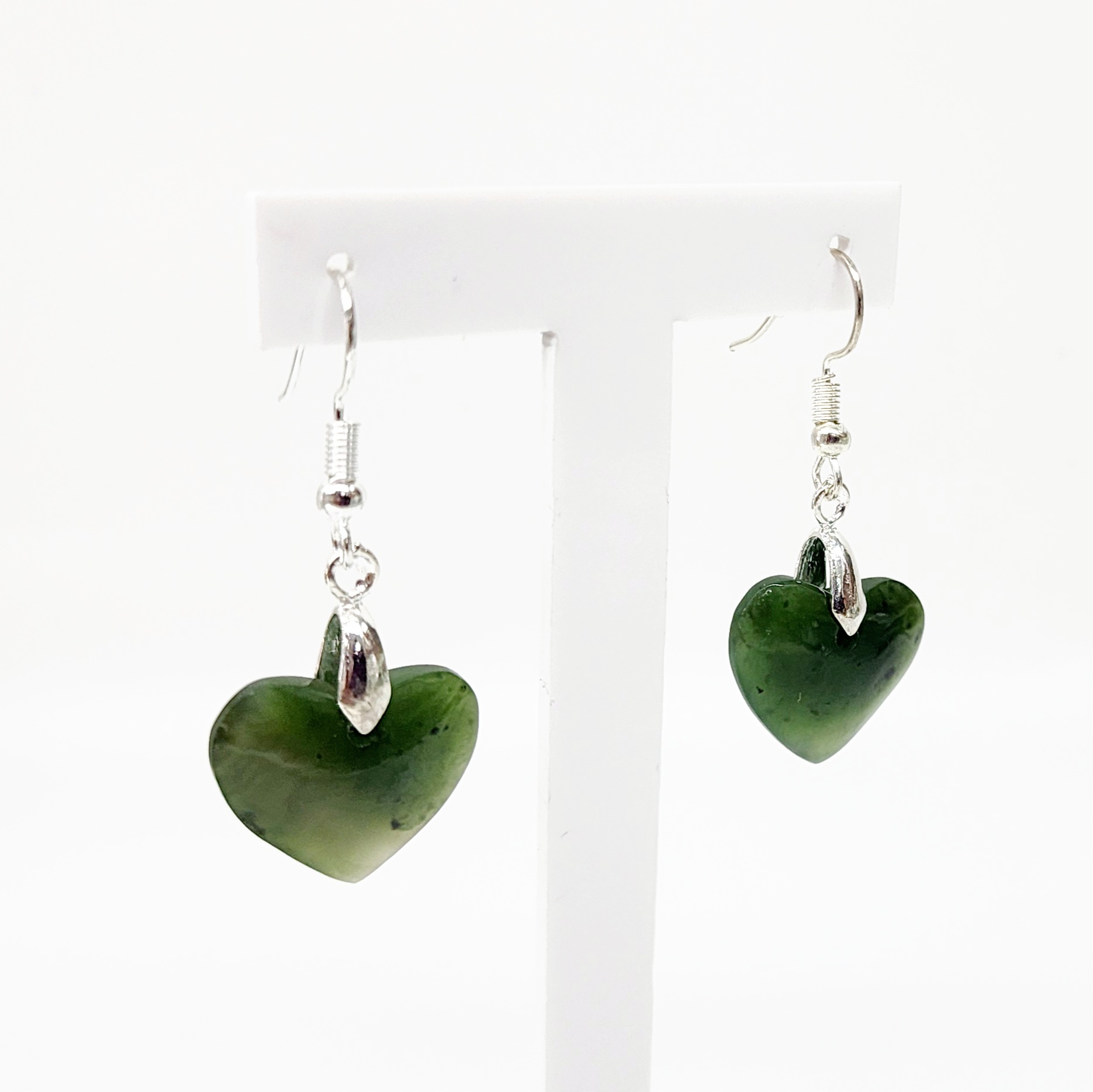 Pounamu Heart Shape Earrings with Sterling Silver Setting and Hooks - EH2.28 Greenstone?Jewellery Pounamu Heart Shape Earrings with Sterling Silver Setting and Hooks - EH2.28 Greenstone?Jewellery