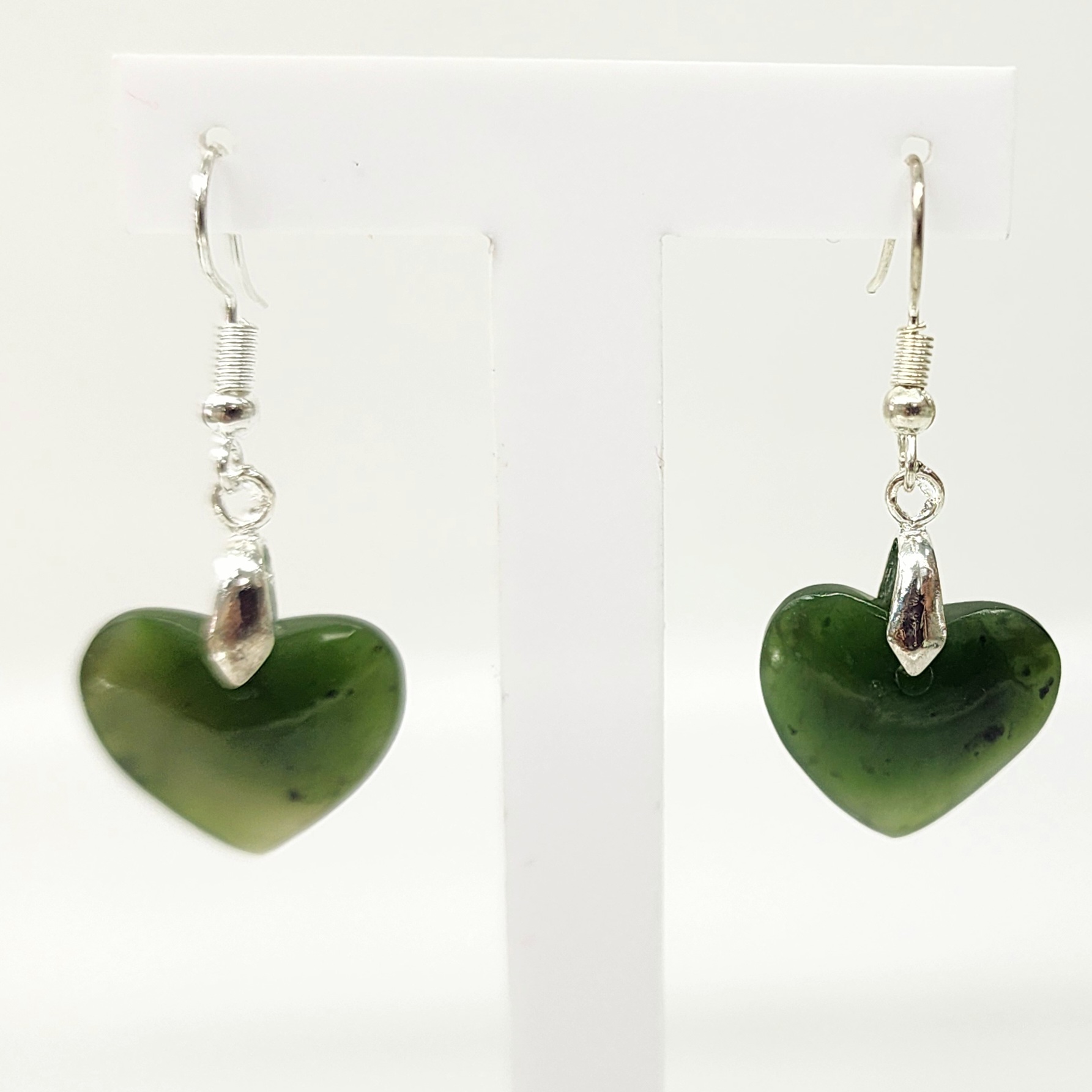 Pounamu Heart Shape Earrings with Sterling Silver Setting and Hooks - EH2.28 Greenstone?Jewellery Pounamu Heart Shape Earrings with Sterling Silver Setting and Hooks - EH2.28 Greenstone?Jewellery