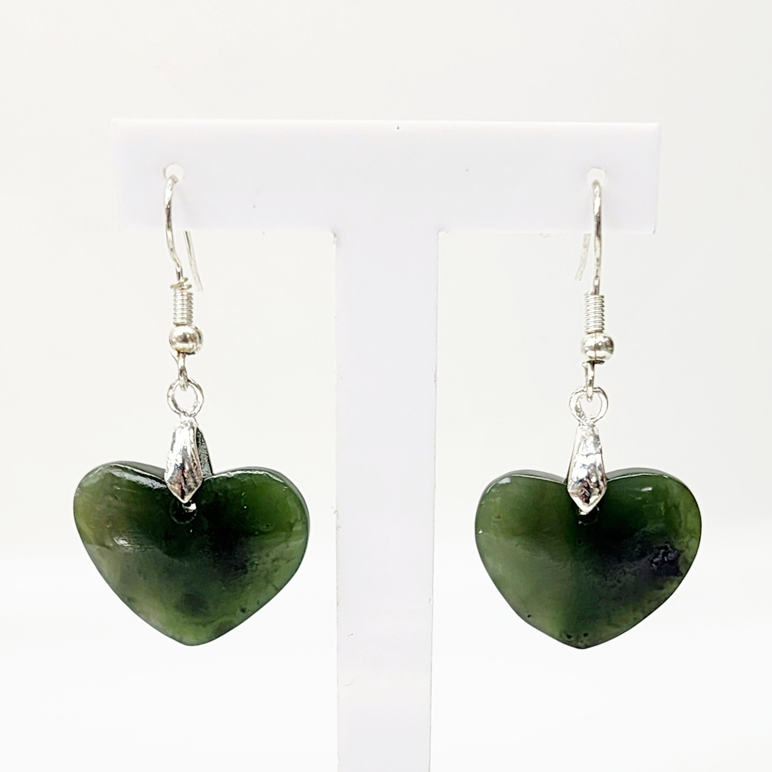 Pounamu Heart Shape Earrings with Sterling Silver Setting and Hooks - EH5.25 Greenstone?Jewellery 