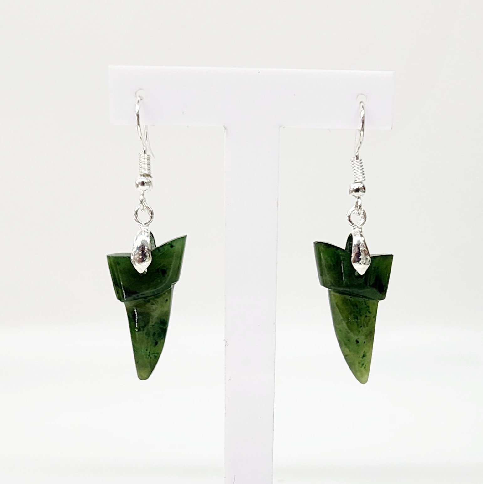 Pounamu Shark Tooth Shape Earrings with Sterling Silver Setting and Hooks - HPSTE.30 Greenstone?Jewellery 