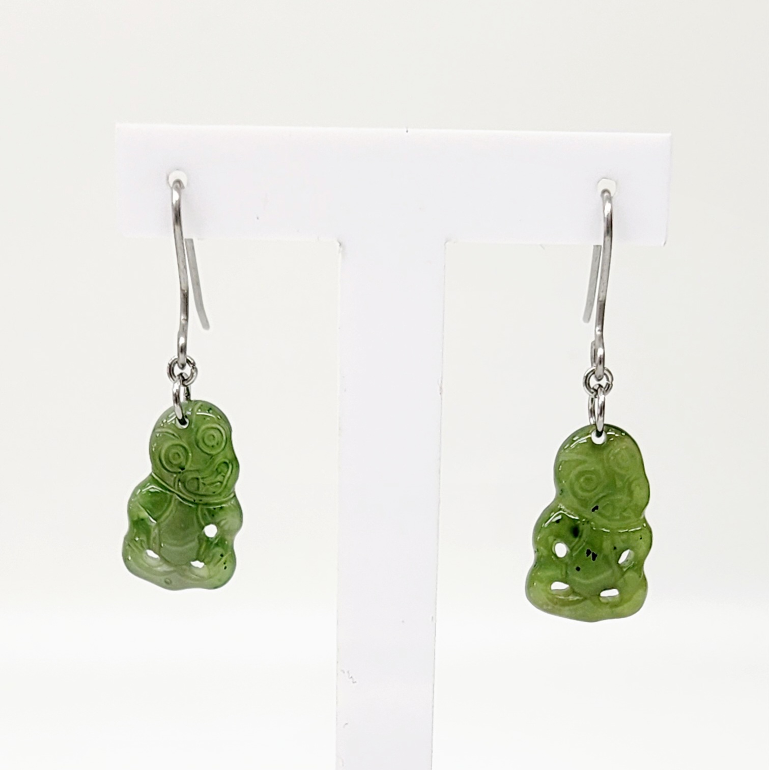 Pounamu TIKI Shape Earrings with Sterling Silver Setting and Hooks - E1752.51 Greenstone?Jewellery 
