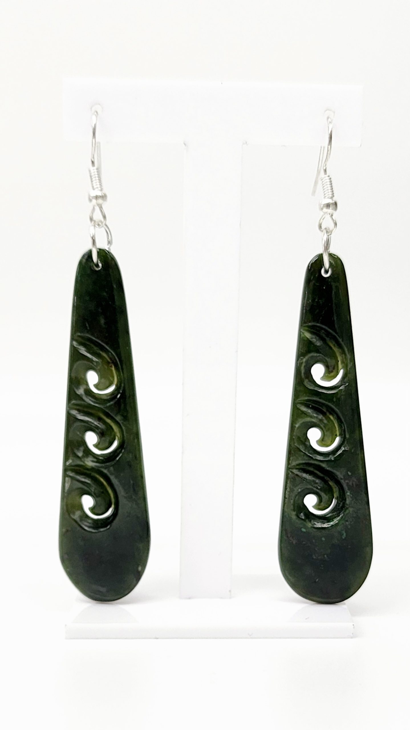 Pounamu Triple Koru Drop Earrings with Sterling Silver Setting and Hooks - EK3.41 Greenstone?Jewellery 