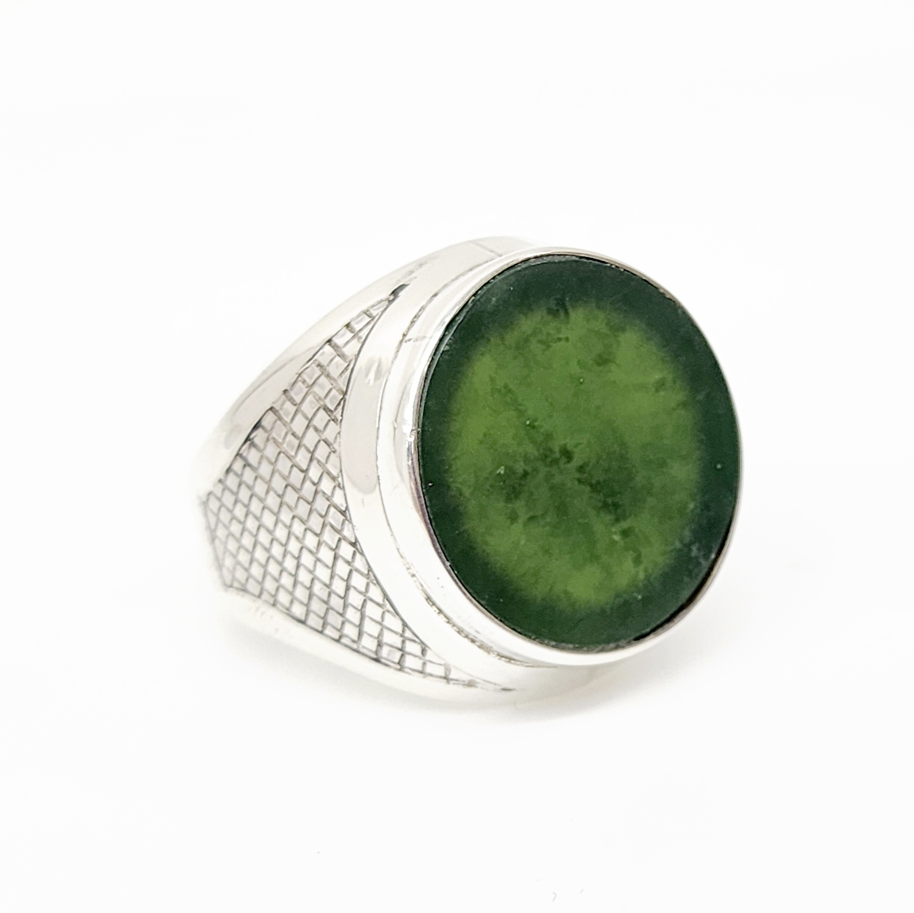 Sterling Silver Gents Ring with 20mm Round NZ Greenstone Disk Insert Greenstone?Jewellery 
