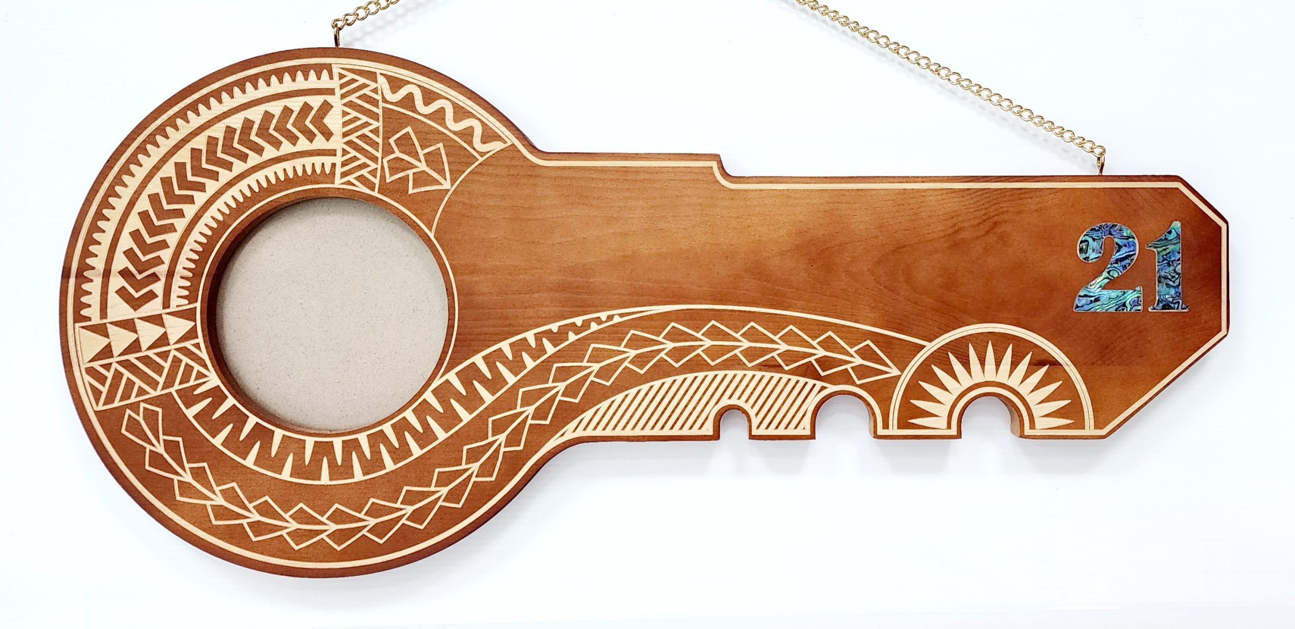 21st Wooden Key Brown Shade Island Design Key with Laser Engraved Patterns & 21 Paua Shell Inlay  - SJ2153 21st Keys 