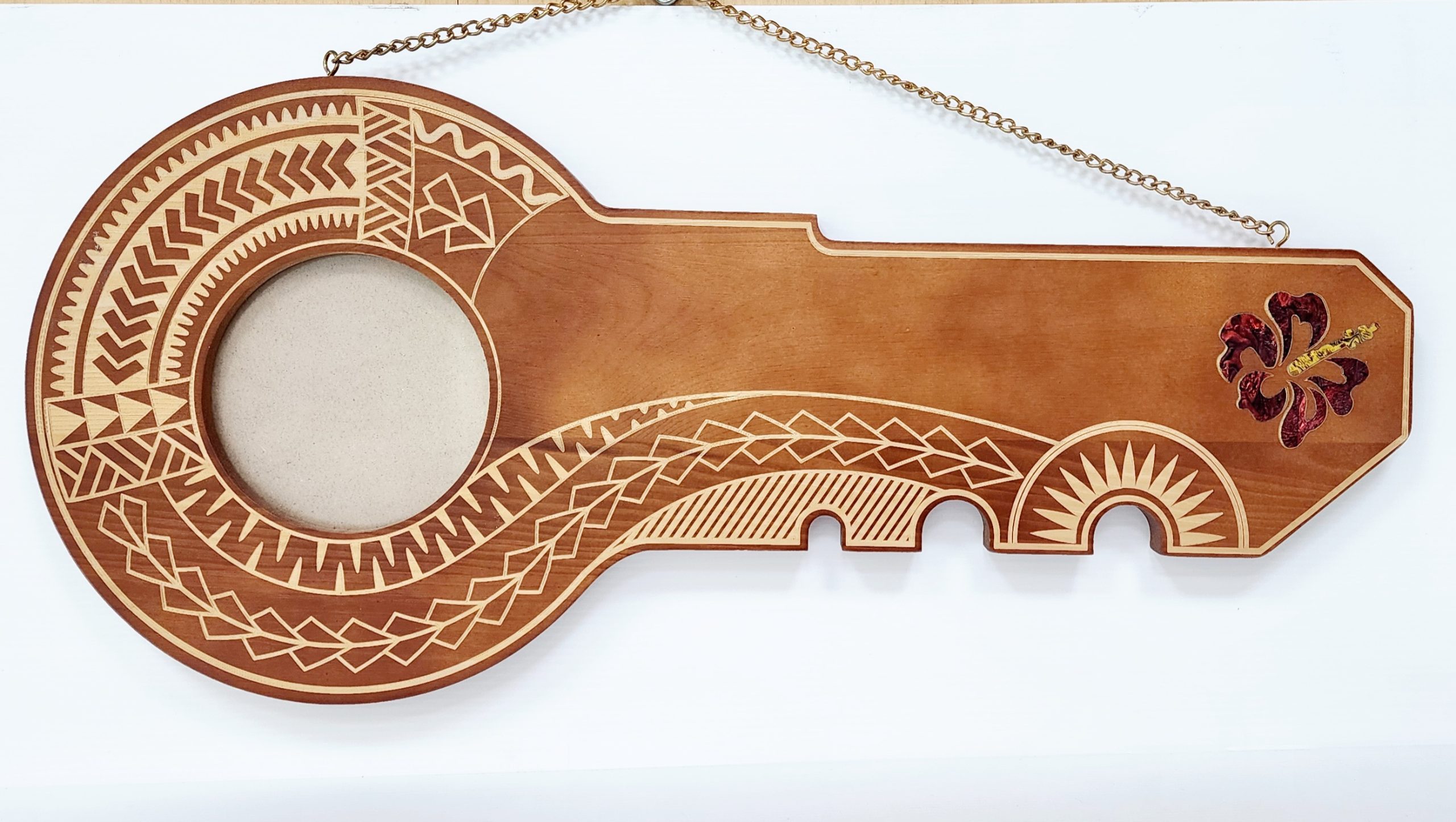 21st Wooden Key Brown Shade Island Design Key with Laser Engraved Patterns & Coloured Paua Shell Hibiscus Flower Inlay - SJ2155 21st Keys 