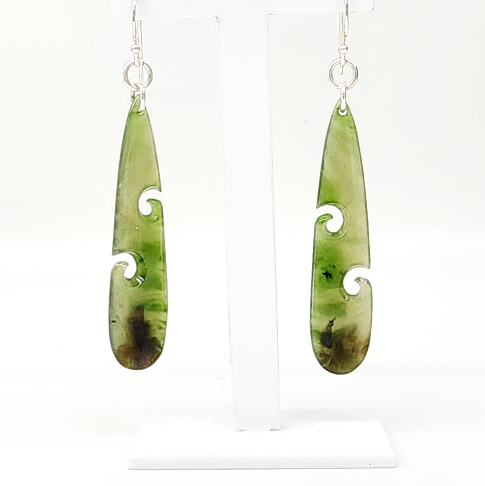 Pounamu Double Koru Drop Earrings with Sterling Silver Setting and Hooks - DPZ/1 Greenstone?Jewellery 