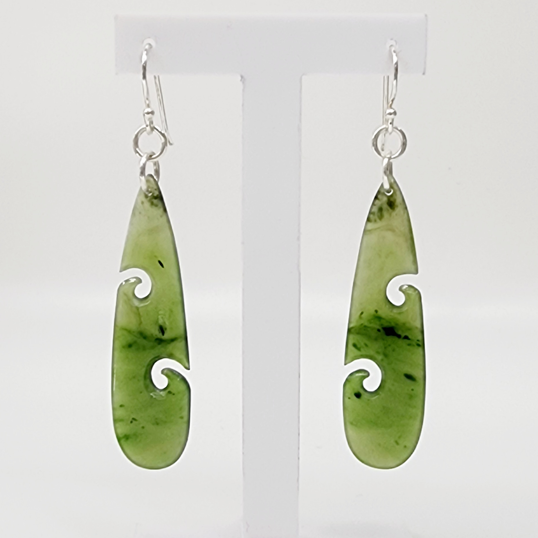 Pounamu Double Koru Drop Earrings with Sterling Silver Setting and Hooks - DPZ/2 Greenstone?Jewellery 