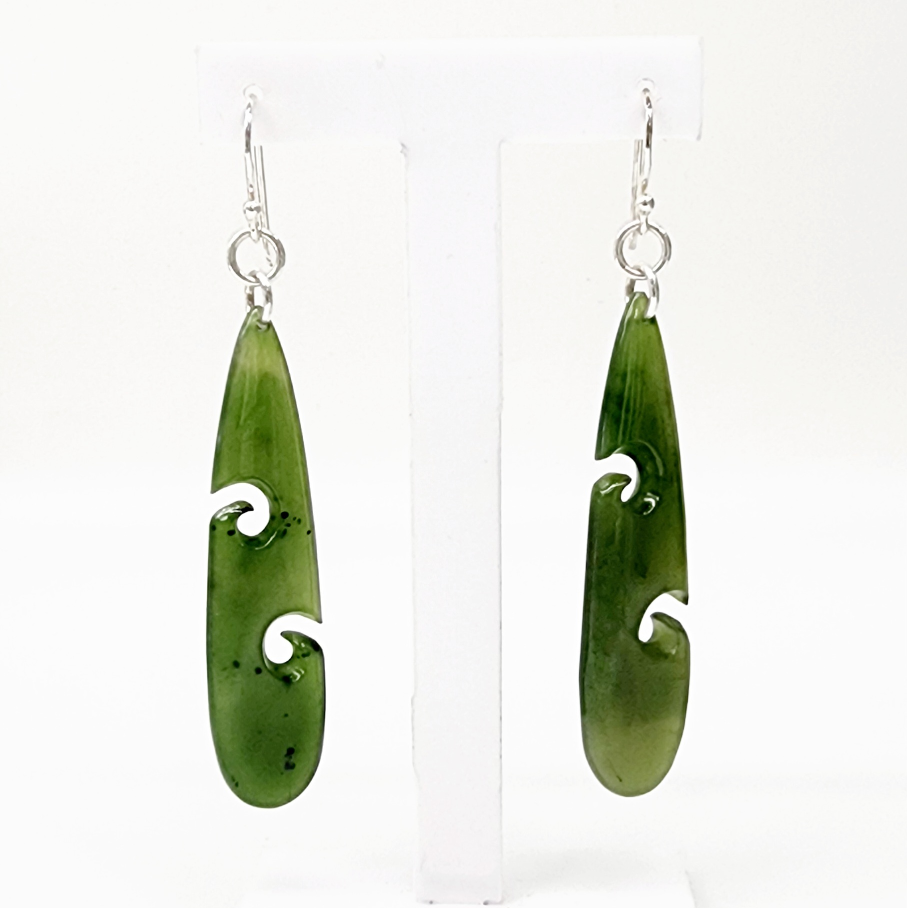 Pounamu Double Koru Drop Earrings with Sterling Silver Setting and Hooks - DPZ/3 Greenstone?Jewellery 
