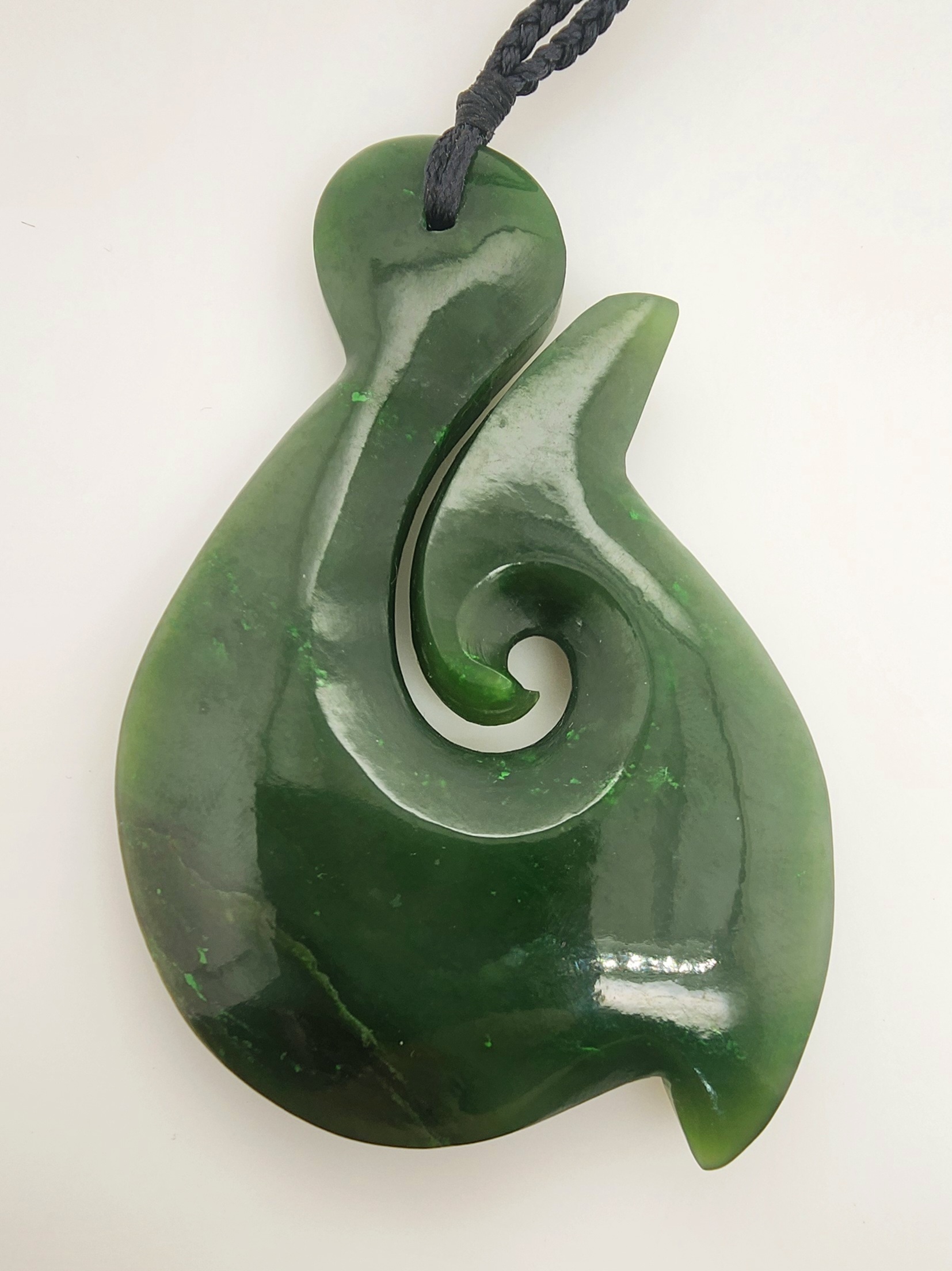 New Zealand Pounamu Large Hei Matau / Fish Hook with Braided Cord Necklace - JJH80 Greenstone?Jewellery 