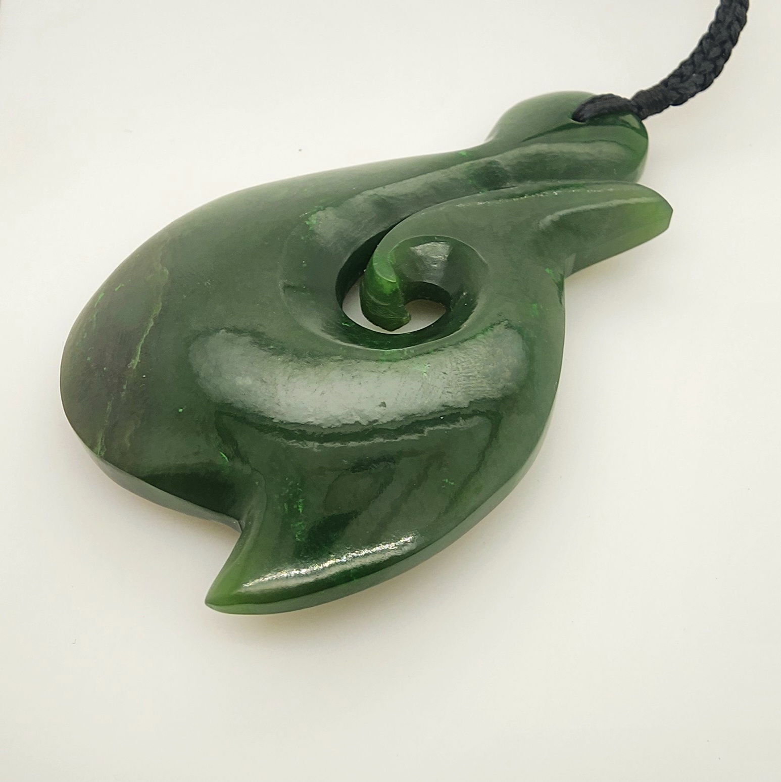 New Zealand Pounamu Large Hei Matau / Fish Hook with Braided Cord Necklace - JJH80 Greenstone?Jewellery New Zealand Pounamu Large Hei Matau / Fish Hook with Braided Cord Necklace - JJH80 Greenstone?Jewellery