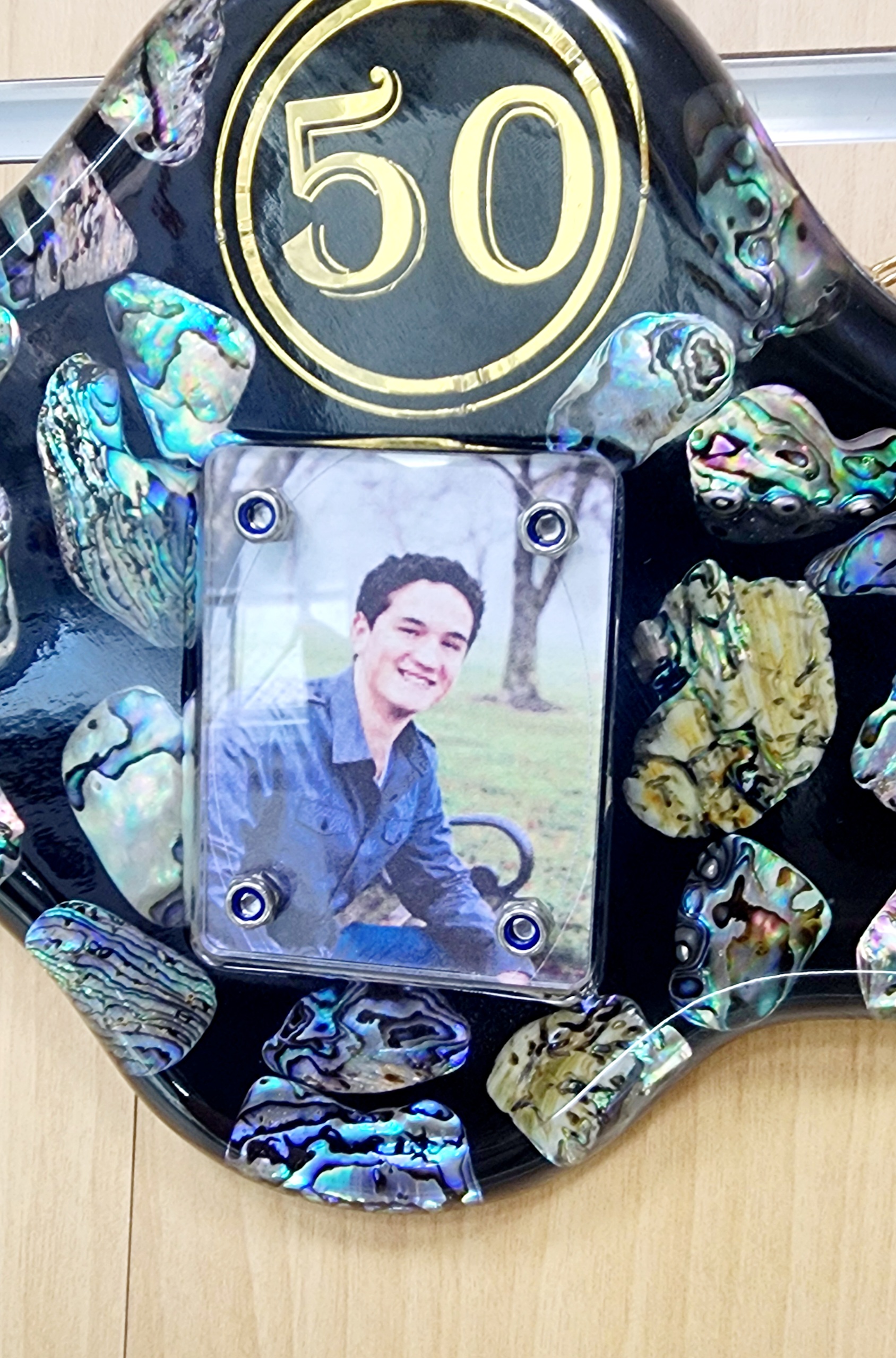 NZ Paua Shell 50th Key with Photo Slot & “Congratulations” - Design PAUA2401 Greenstone?Jewellery NZ Paua Shell 50th Key with Photo Slot & “Congratulations” - Design PAUA2401 Greenstone?Jewellery