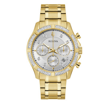Bulova Men's Sutton Diamond Set Chronograph WR Silver Dial, Gold Case & Band - 98E113 9ct Gold Ring, Gold Jewellery, Gold Rings 