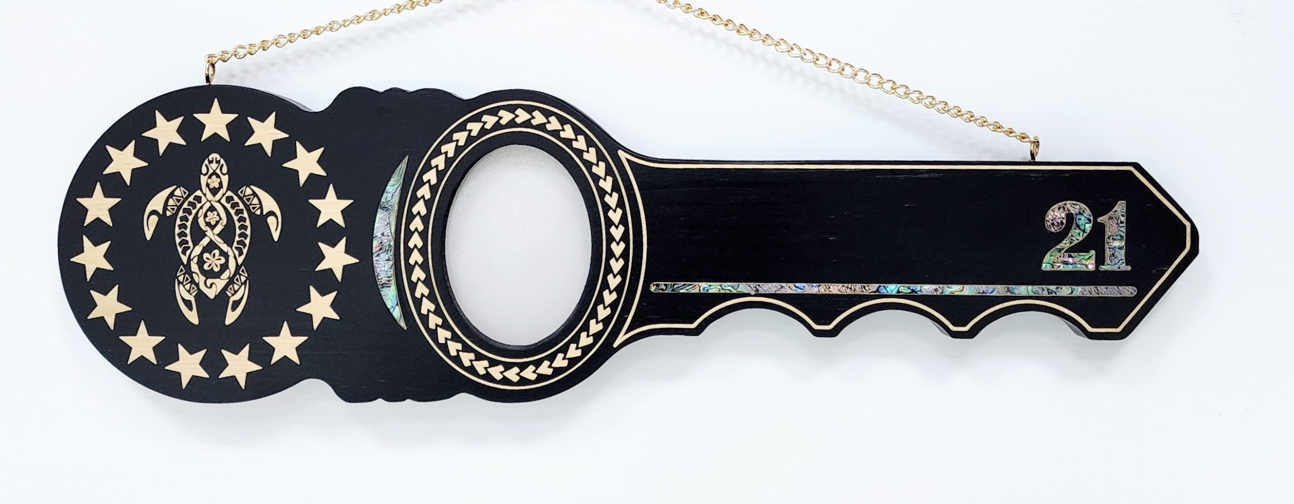 21st Island Design Wooden Key with Laser Engraved Patterns & 15 Stars with Turtle and Paua Shell Inlay - SJ2441 21st Keys 