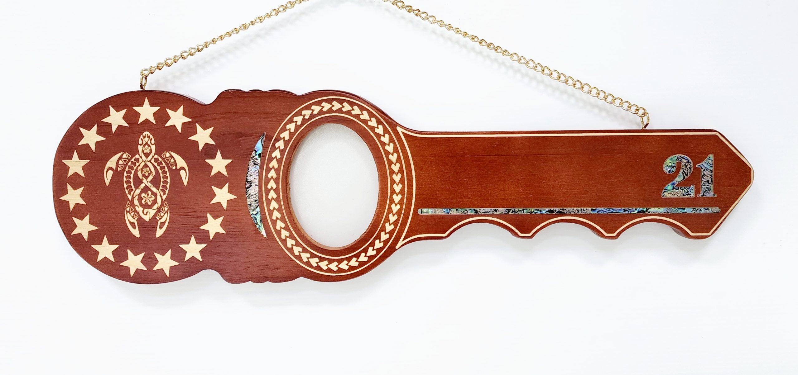 21st Island Design Wooden Key with Laser Engraved Patterns & 15 Stars with Turtle and Paua Shell Inlay - SJ2440 21st Keys 