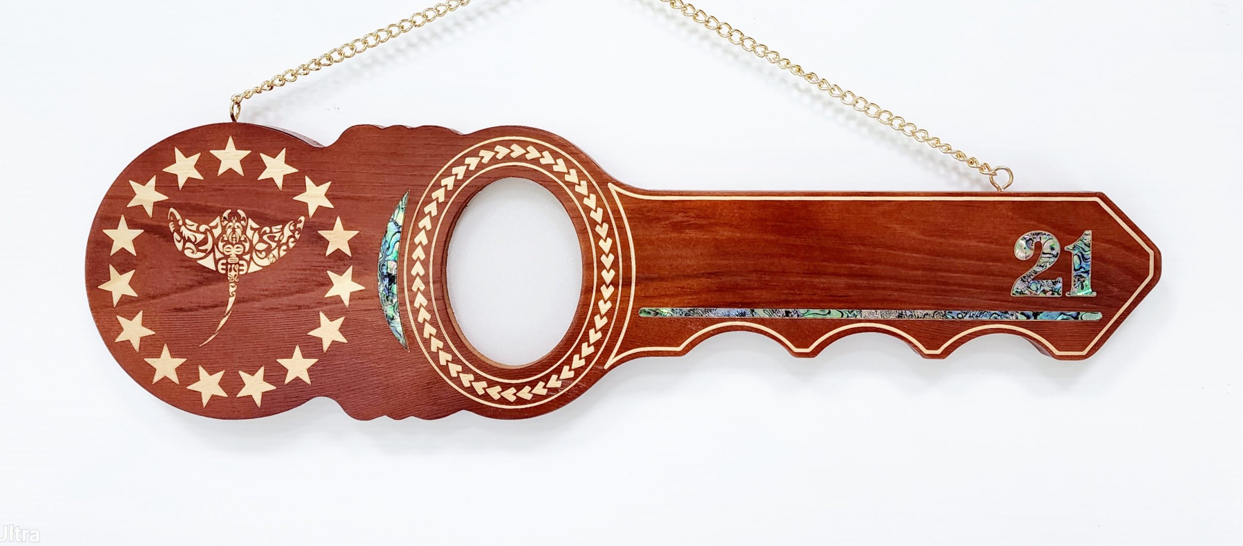 21st Island Design Wooden Key with Laser Engraved Patterns & 15 Stars with Stingray and Paua Shell Inlay - SJ2442 21st Keys 