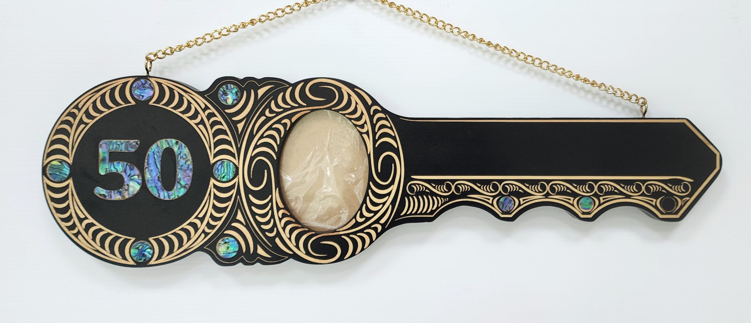 50th Maori Design Key with Laser Engraved Design & Paua Shell Inlay - Design S13 21st Keys 