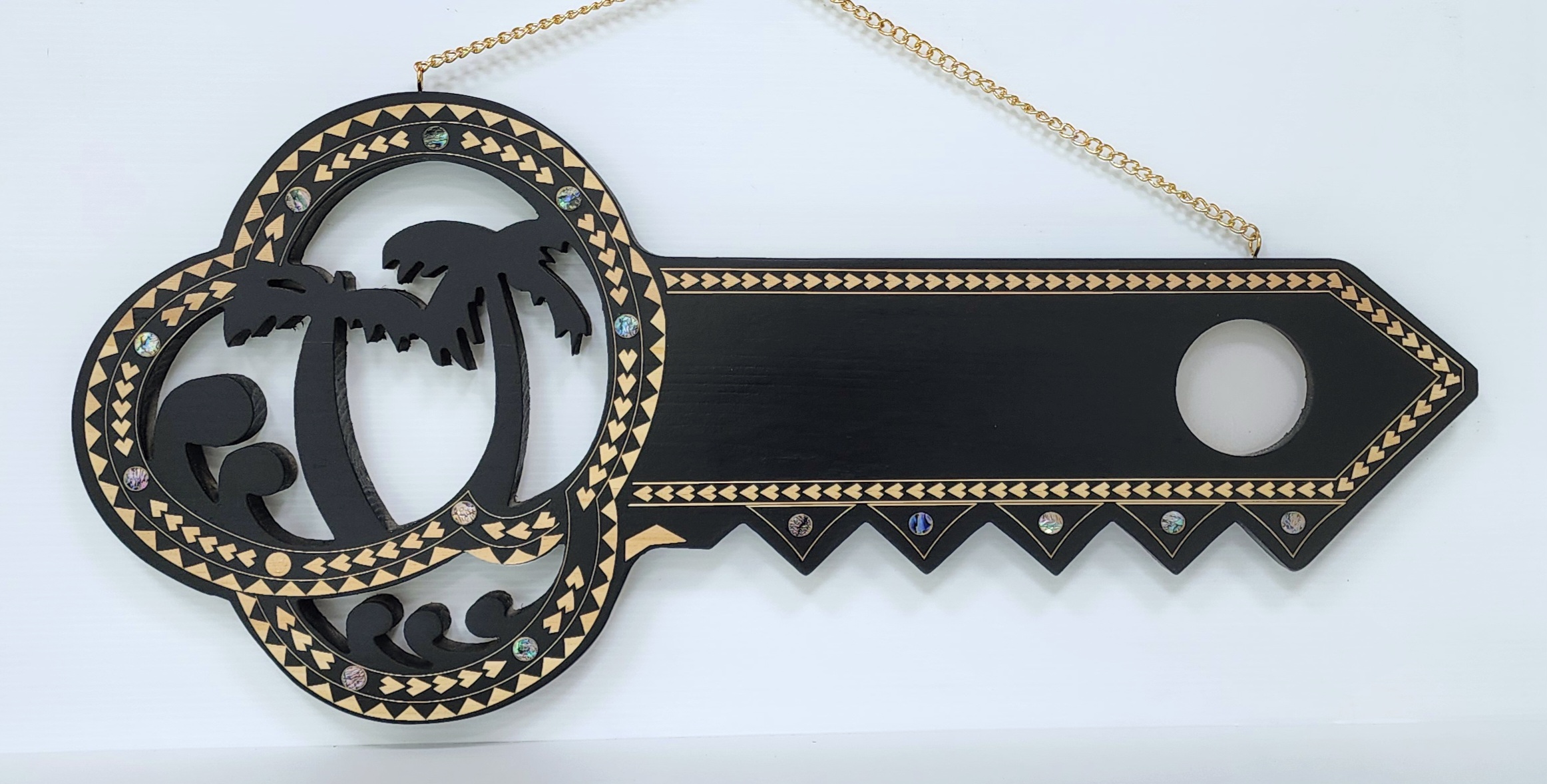 Wooden Key Birthday Key Black Shade Island Design With Paua Shell Round Inlays and Cutout Palm Trees - Design SJ2447 21st Keys 