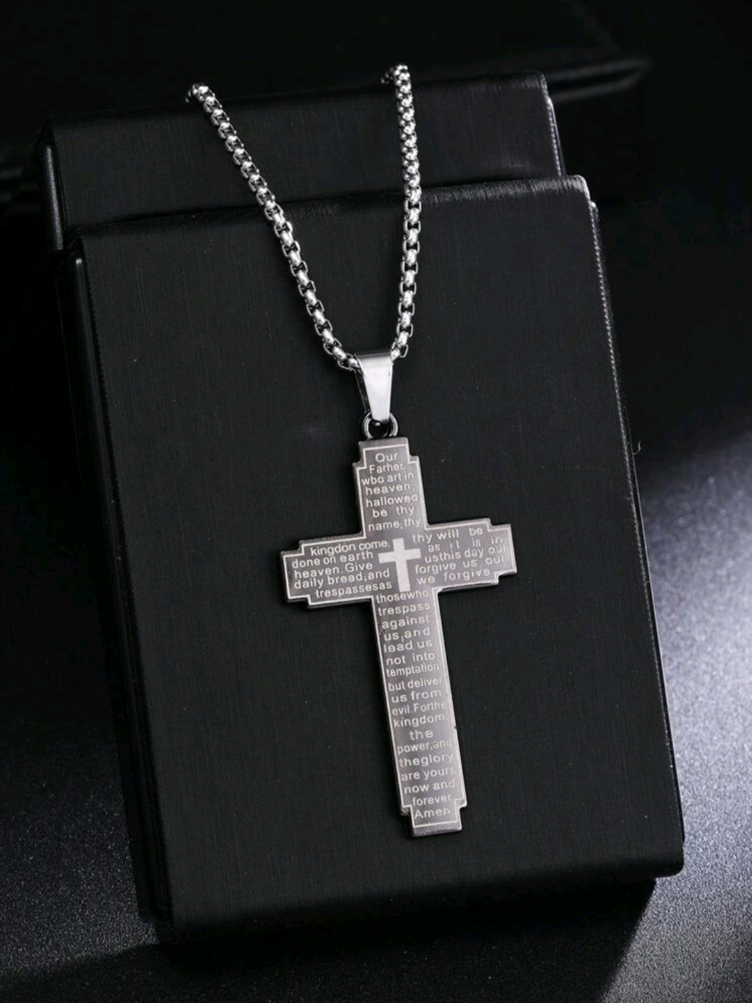 Stainless Steel Cross Pendant Laser Engraved The Lord,s Prayer Cross with 60cm Stainless Steel Necklace 21st Keys 