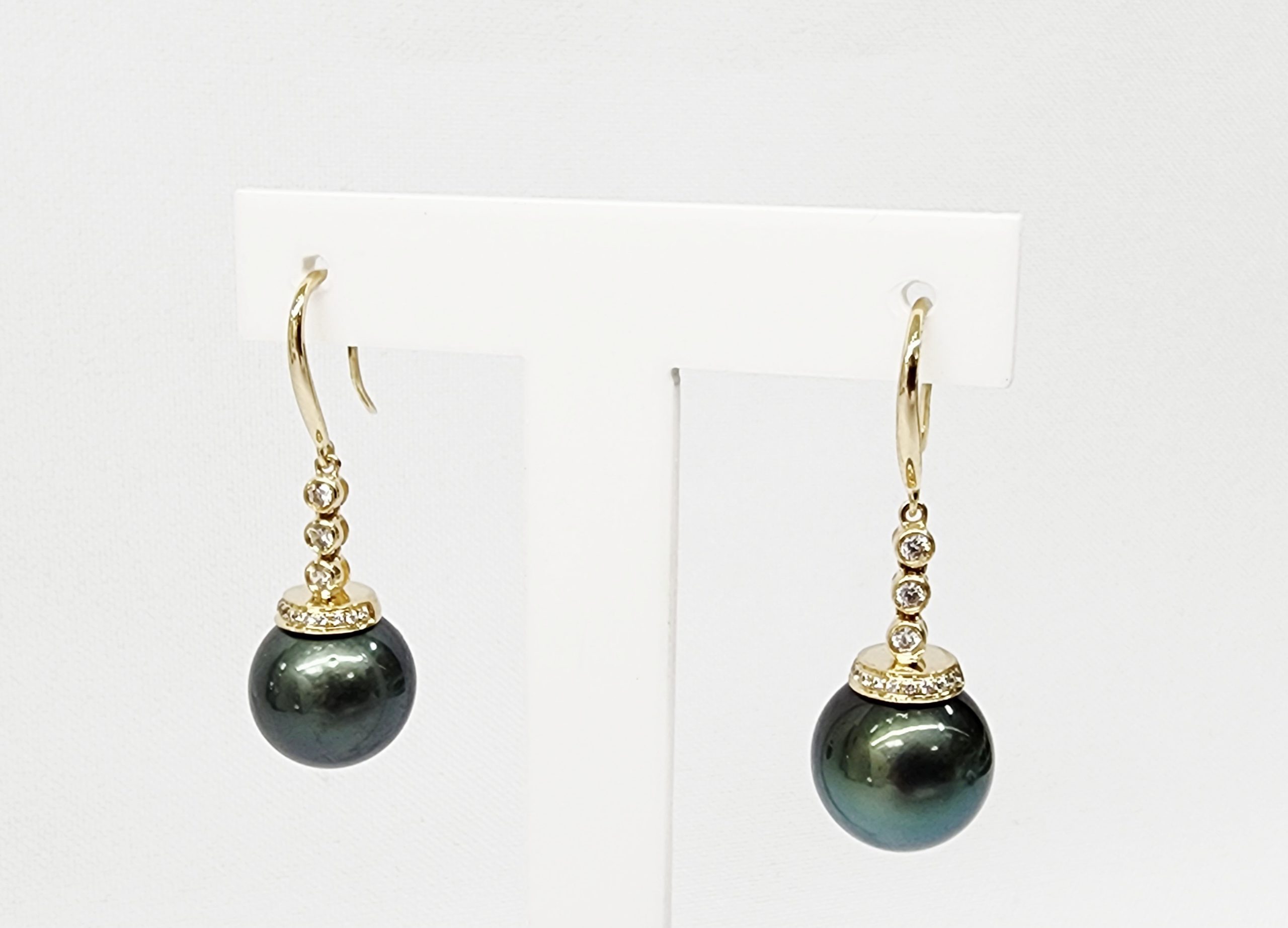 9ct Yellow Gold 11mm Round Tahitian Black Pearl with Cubic Zirconia Hook Earrings - TZZ01  