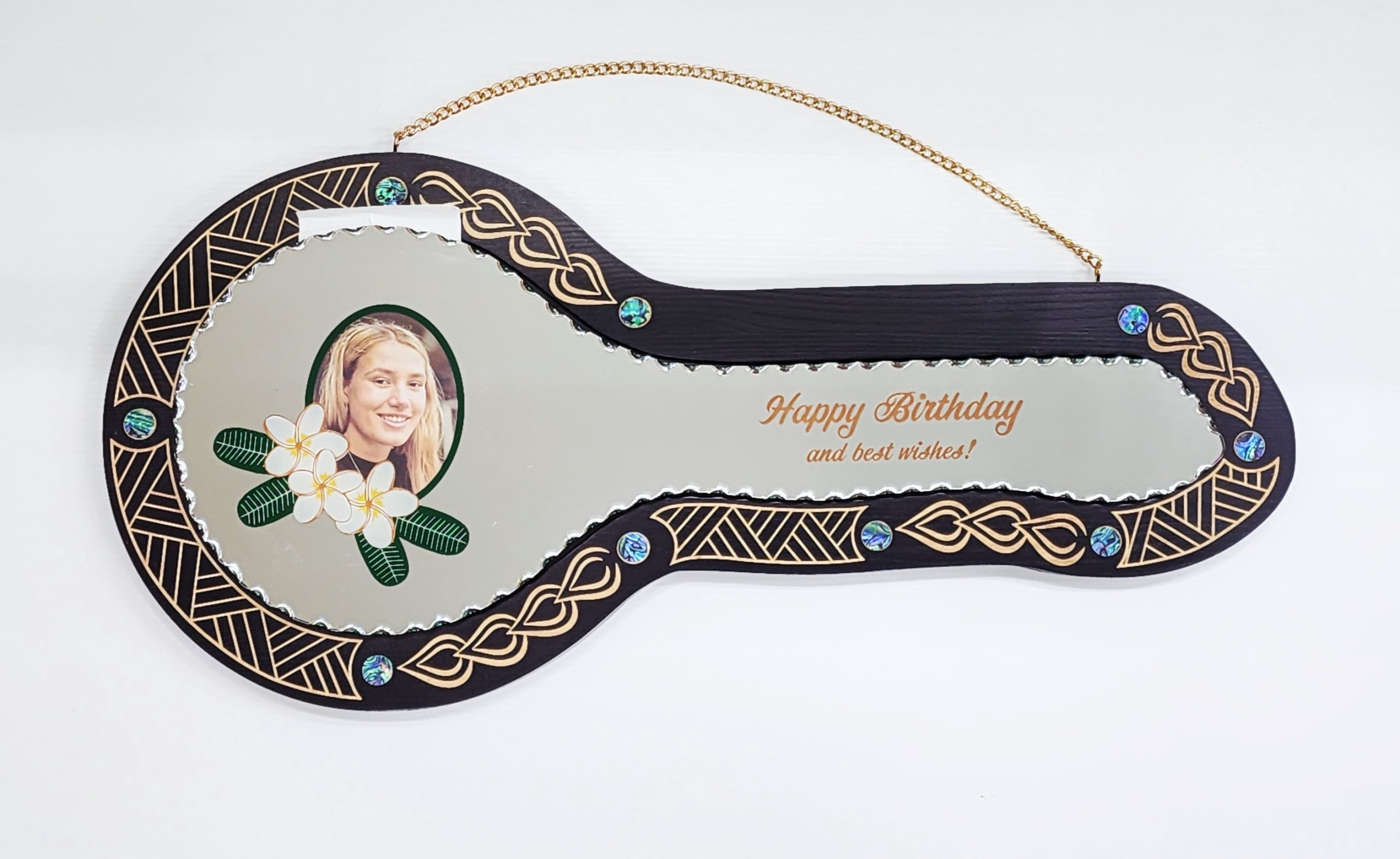 Birthday Wooden Key Black Shade Island Design with Plumeria Flower Design Mirror Key Insert - 2143BLKFLOWER 21st Keys 