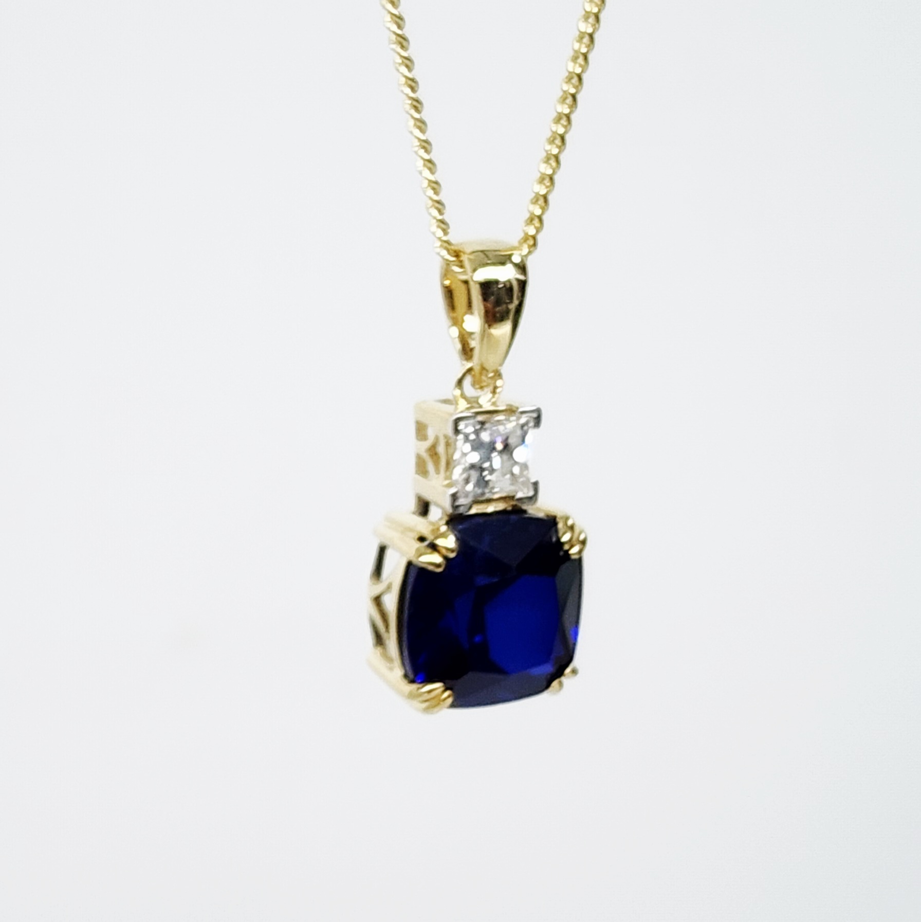 9ct Yellow Gold Cushion Cut Created Ceylon Sapphire and 0.33ct Princess Cut Lab Grown Diamond Pendant - D/A472PD-CCSLGD  