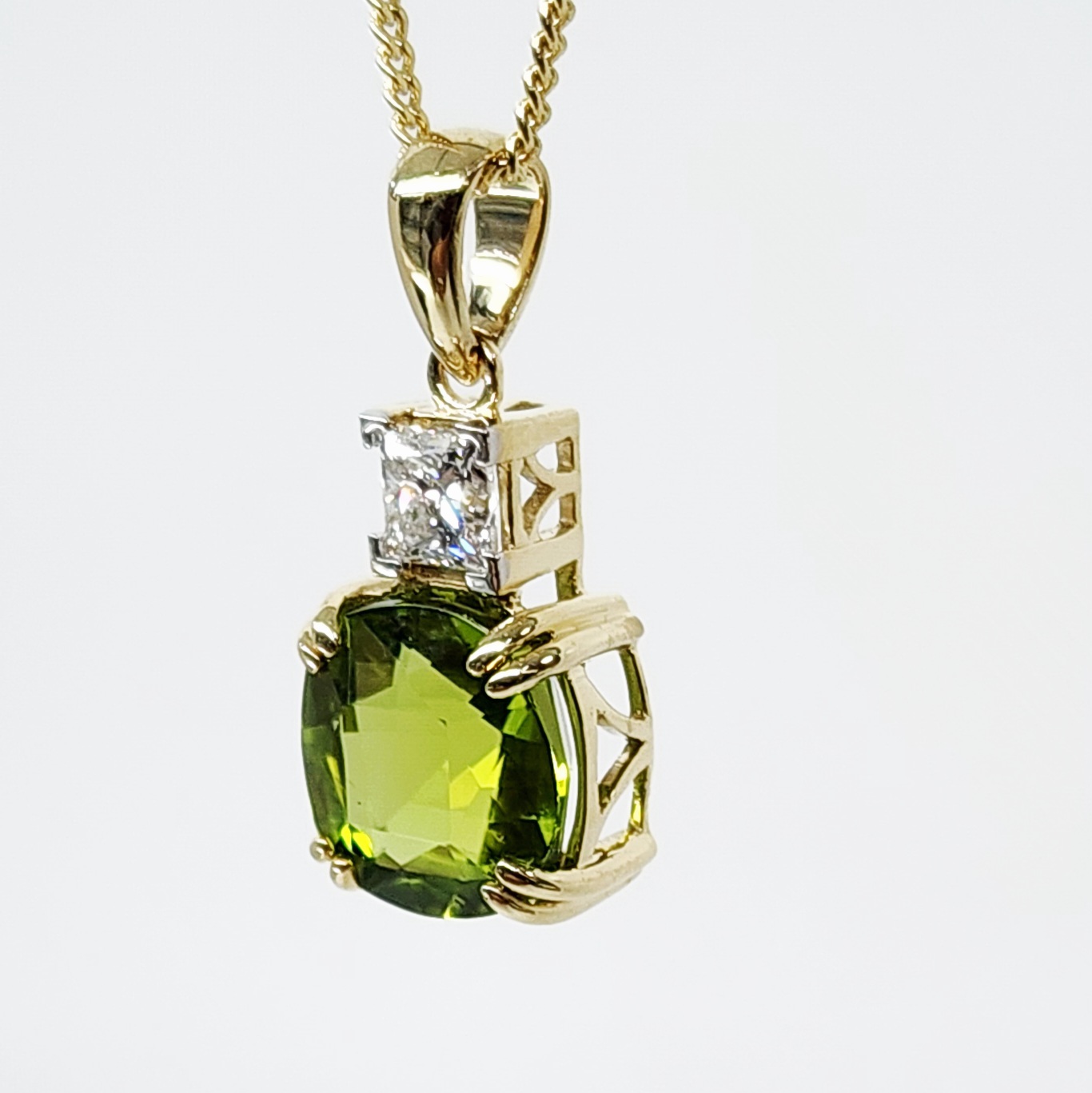 9ct Yellow Gold Cushion Cut Peridot and 0.34ct Princess Cut Lab Grown Diamond Pendant - D/A472PD-PERLGD  