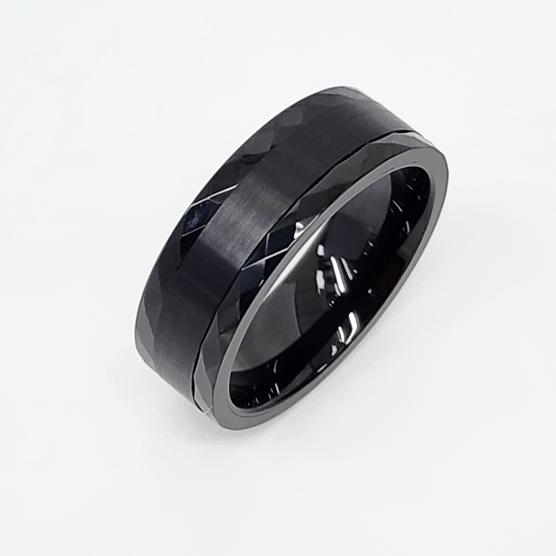 8mm Wide Black Tungsten Carbide Ring with Diamond Cut Edge and Brushed Centre Finish Band - TC07 Gold Rings 